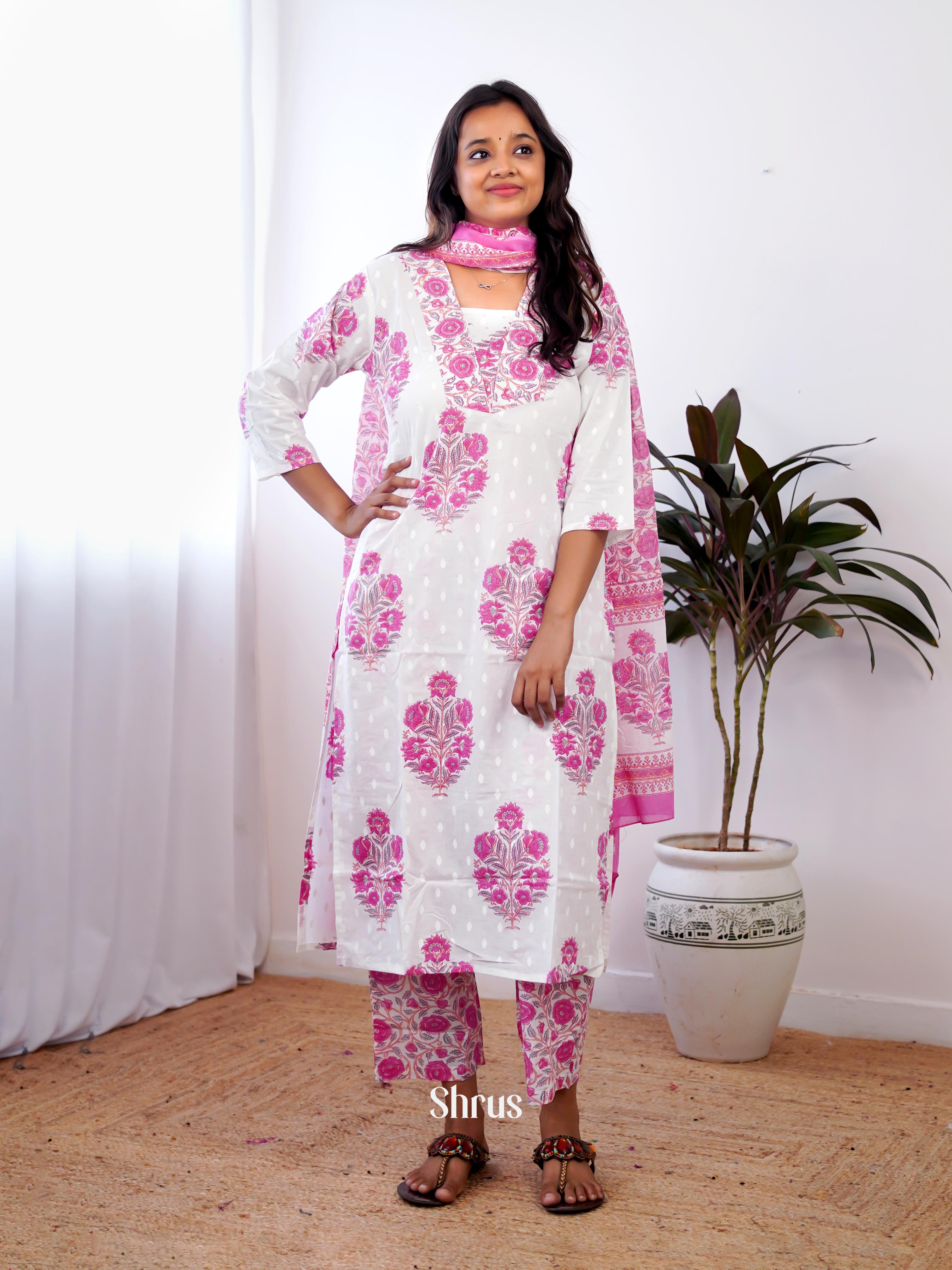 White & Pink - 3pc printed Readymade Suits