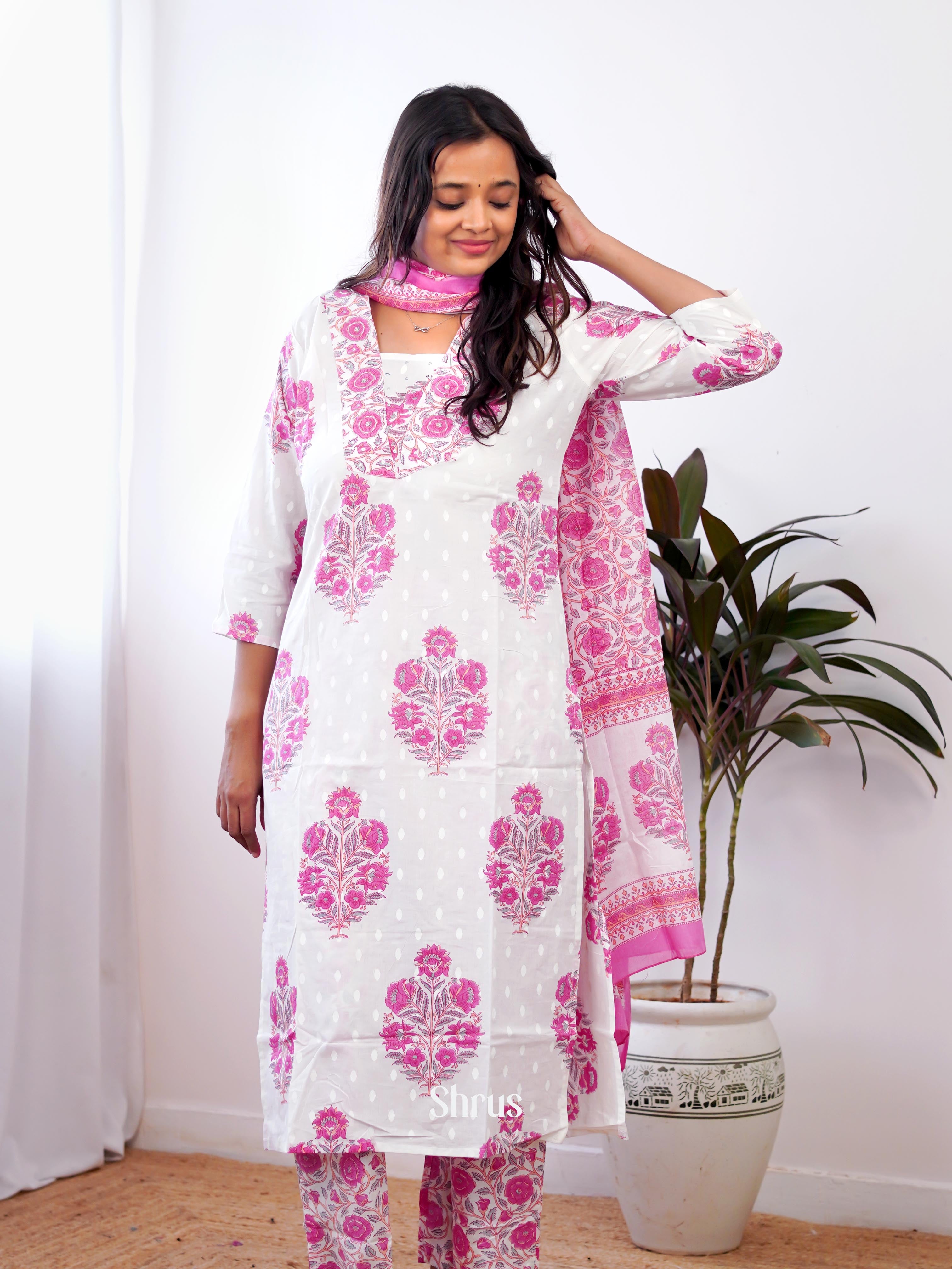 White & Pink - 3pc printed Readymade Suits