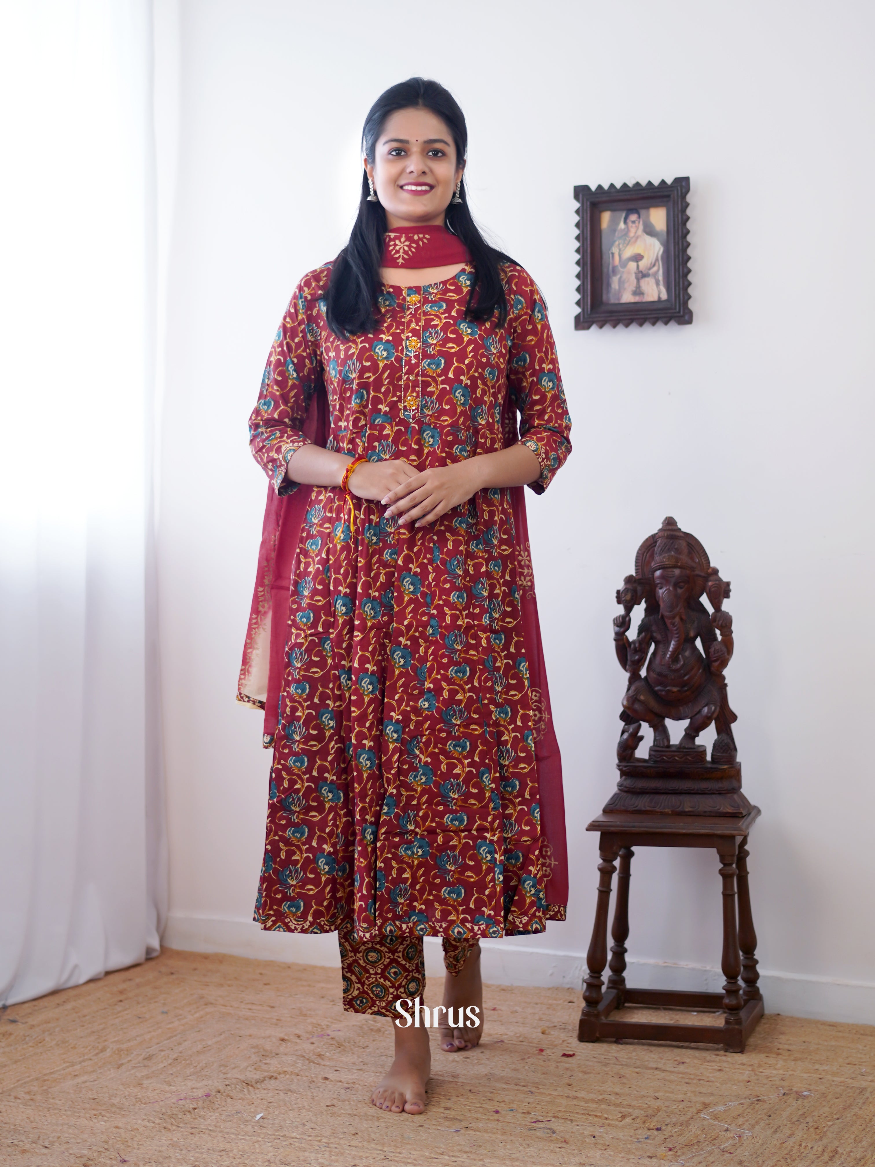 Maroon  -  3pc printed Readymade Suits