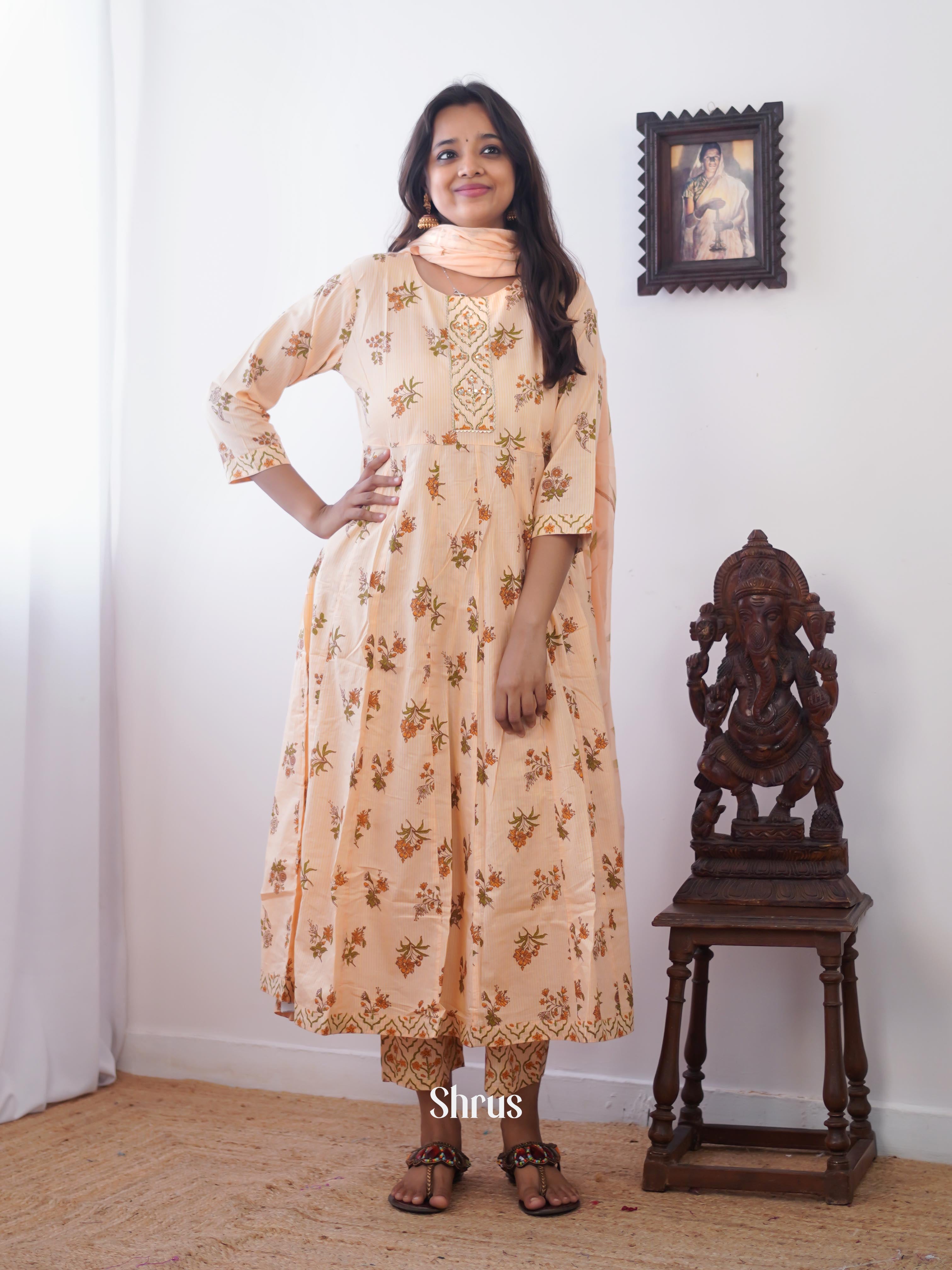 Cream - 3pc Anarkali Readymade Suits