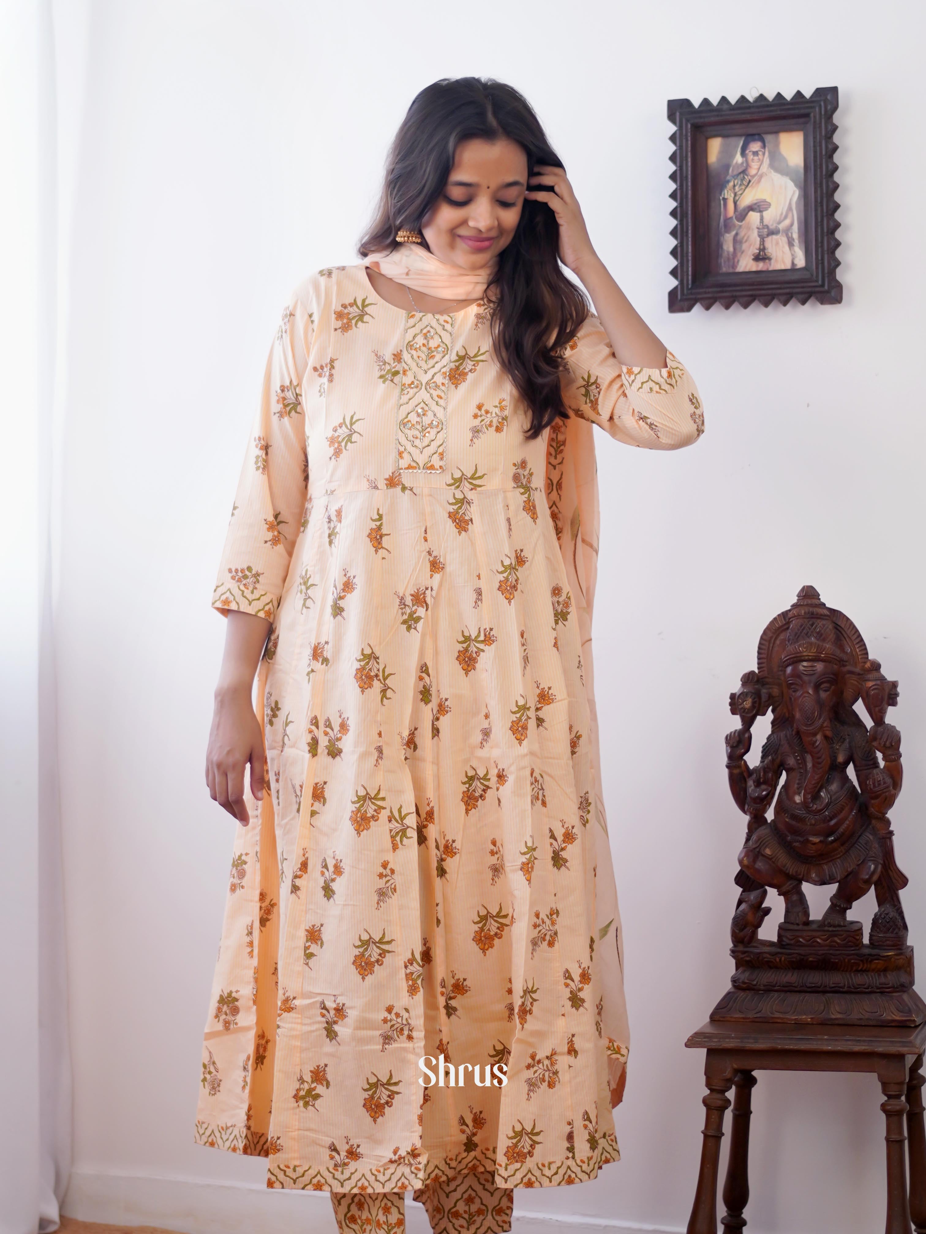 Cream - 3pc Anarkali Readymade Suits