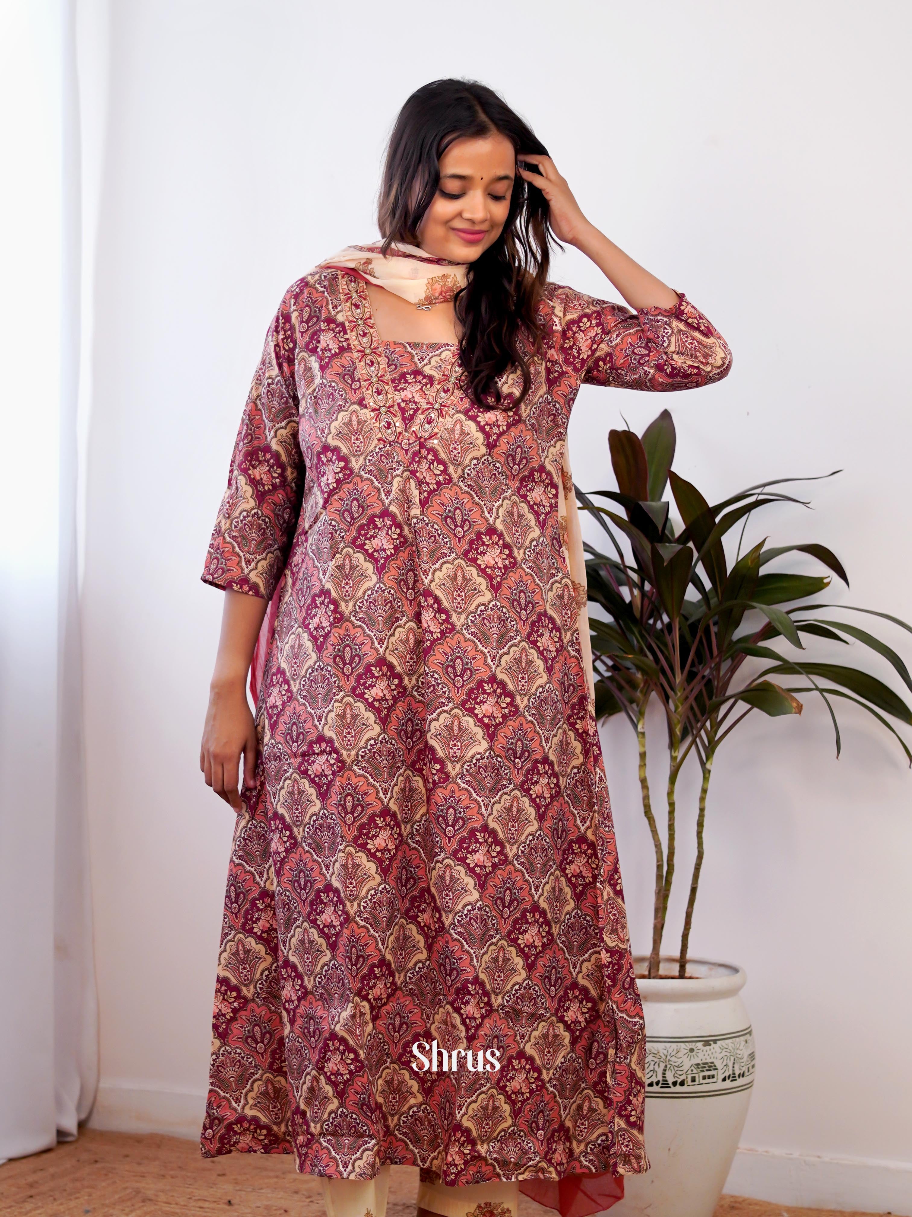 Maroon -3pc Ajrakh block printed  Readymade Suits