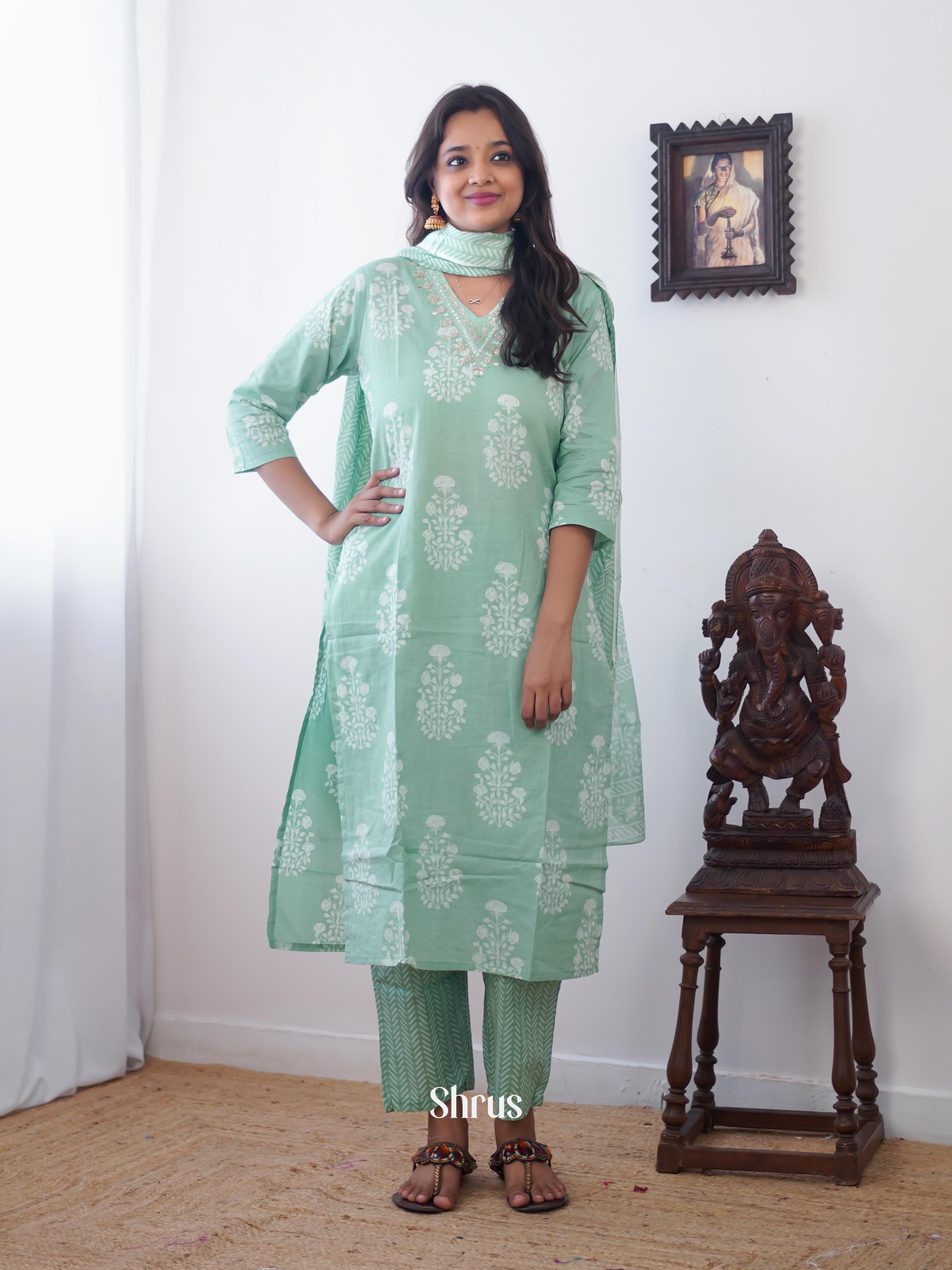 Green  -3pc printed  Readymade Suits