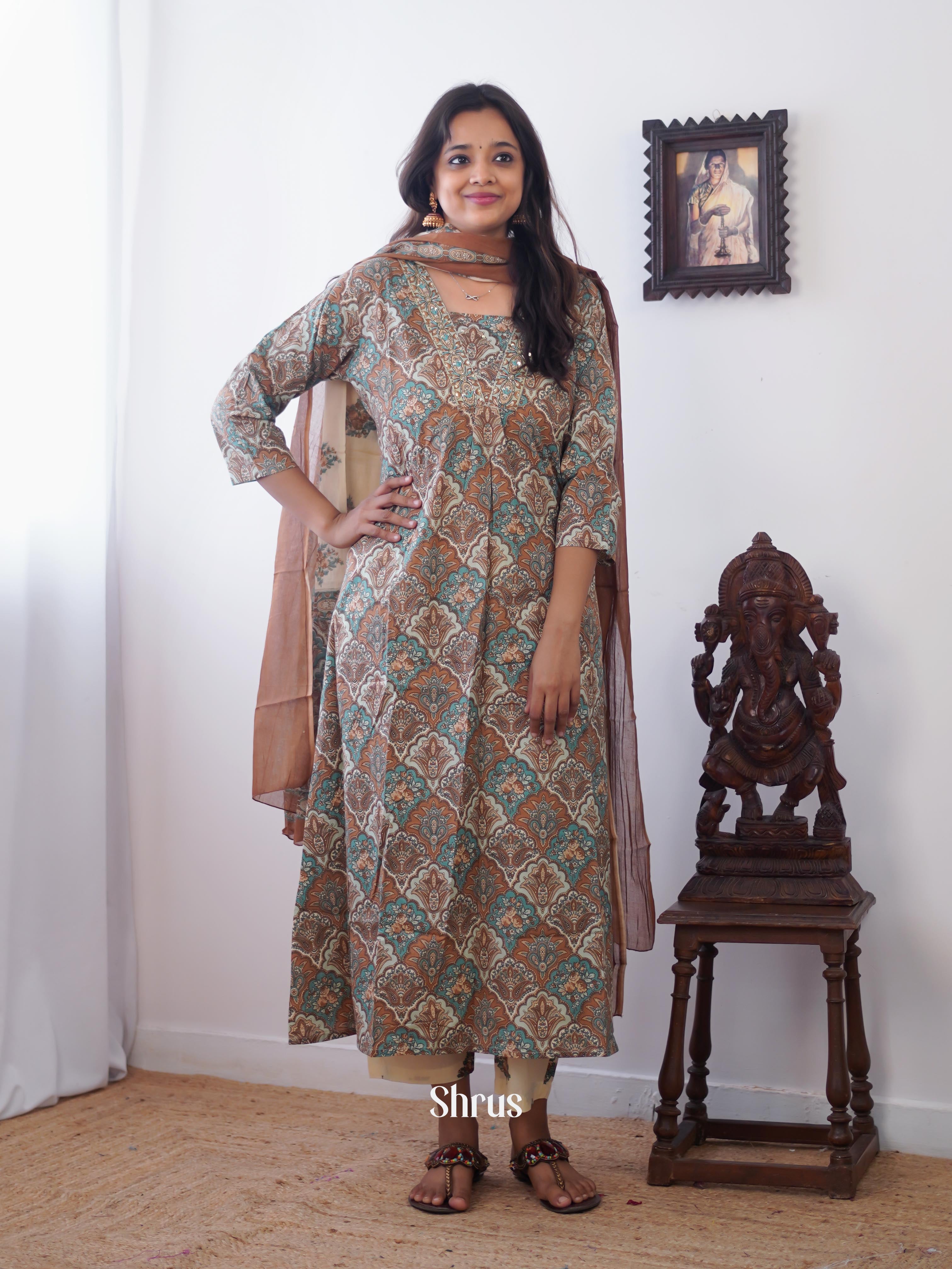 Grey & Brown - 3pc ajrakh printed Readymade Suits