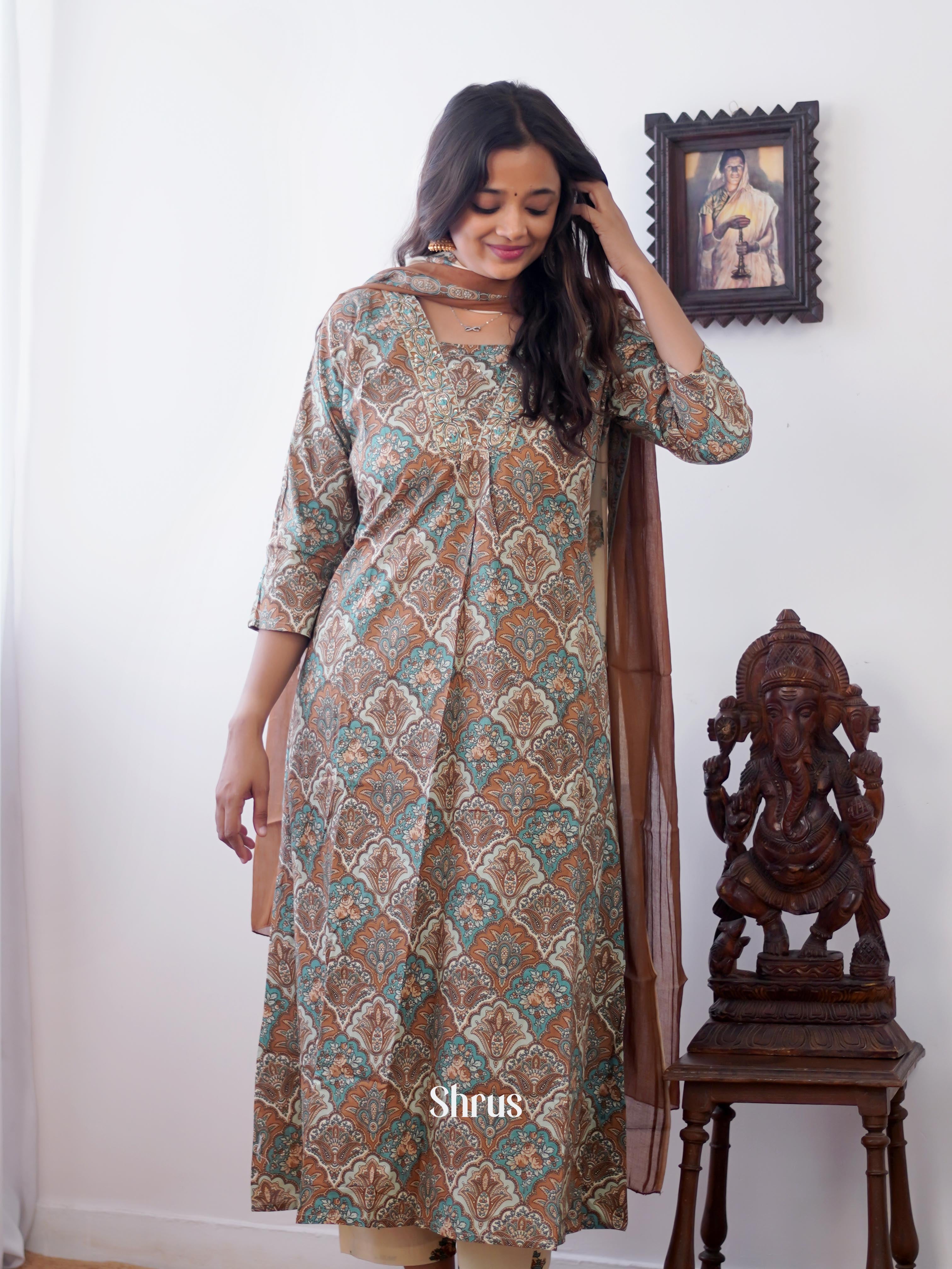 Grey & Brown - 3pc ajrakh printed Readymade Suits