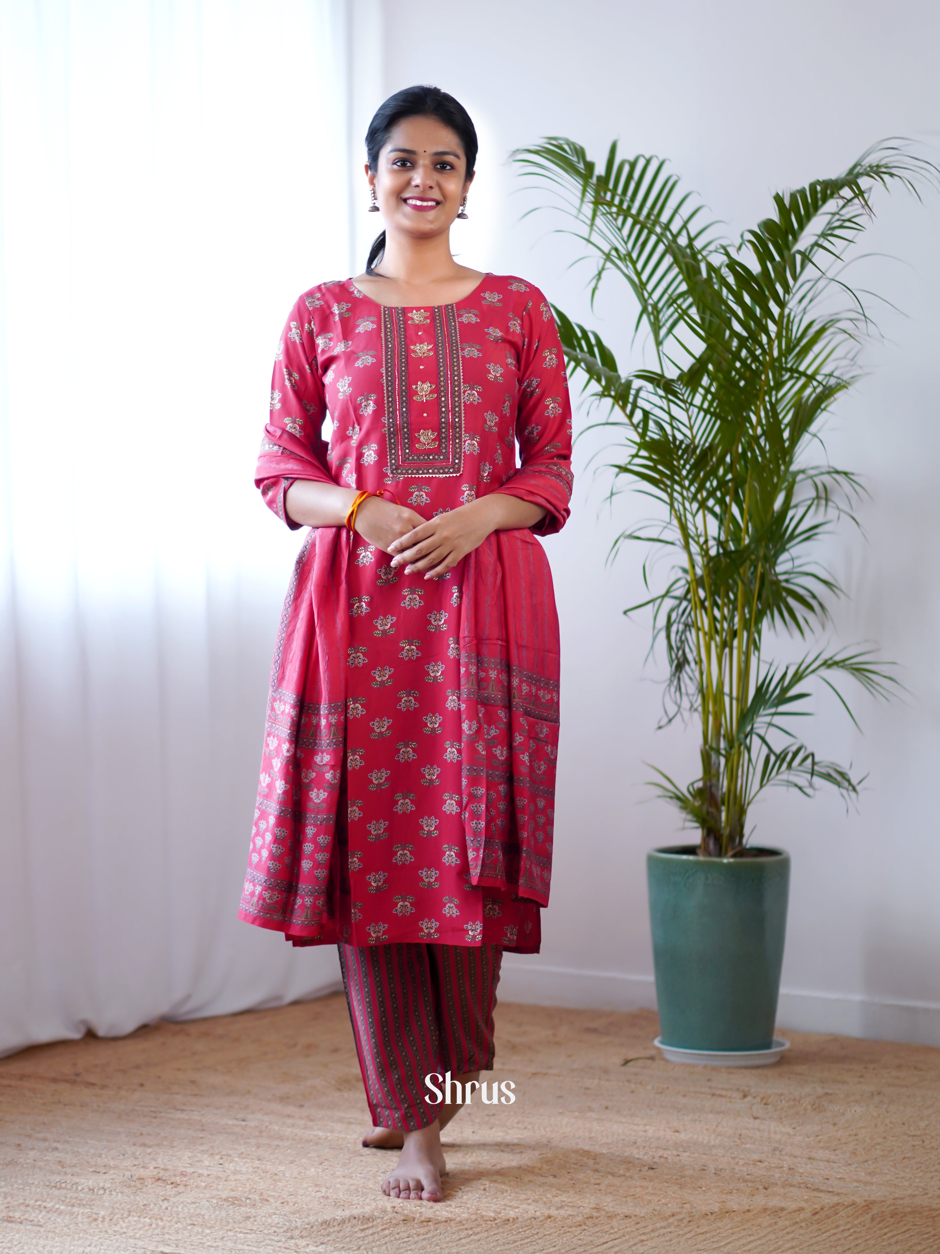 Red- 3pc Casual printed Readymade Suits