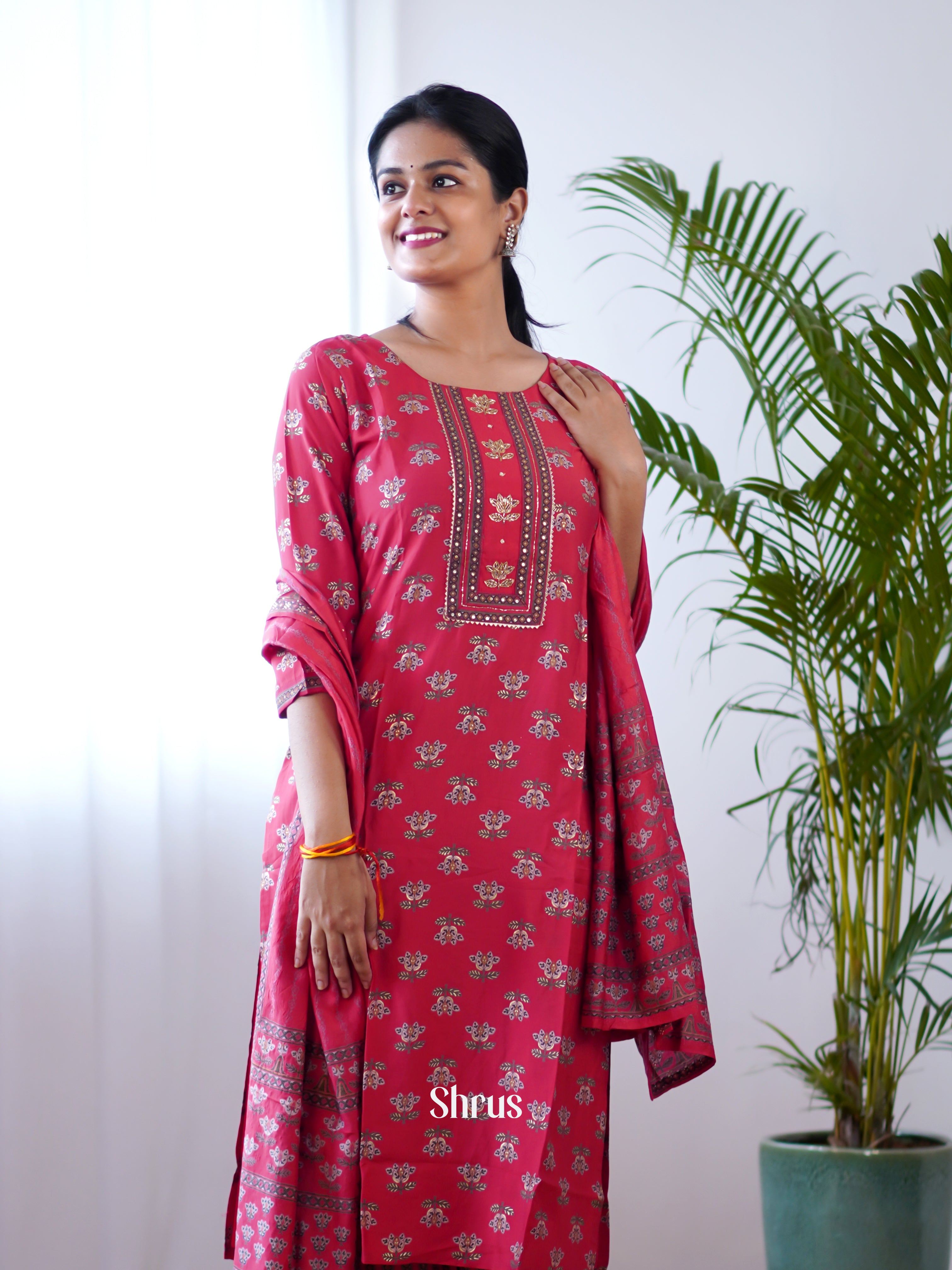 Red- 3pc Casual printed Readymade Suits