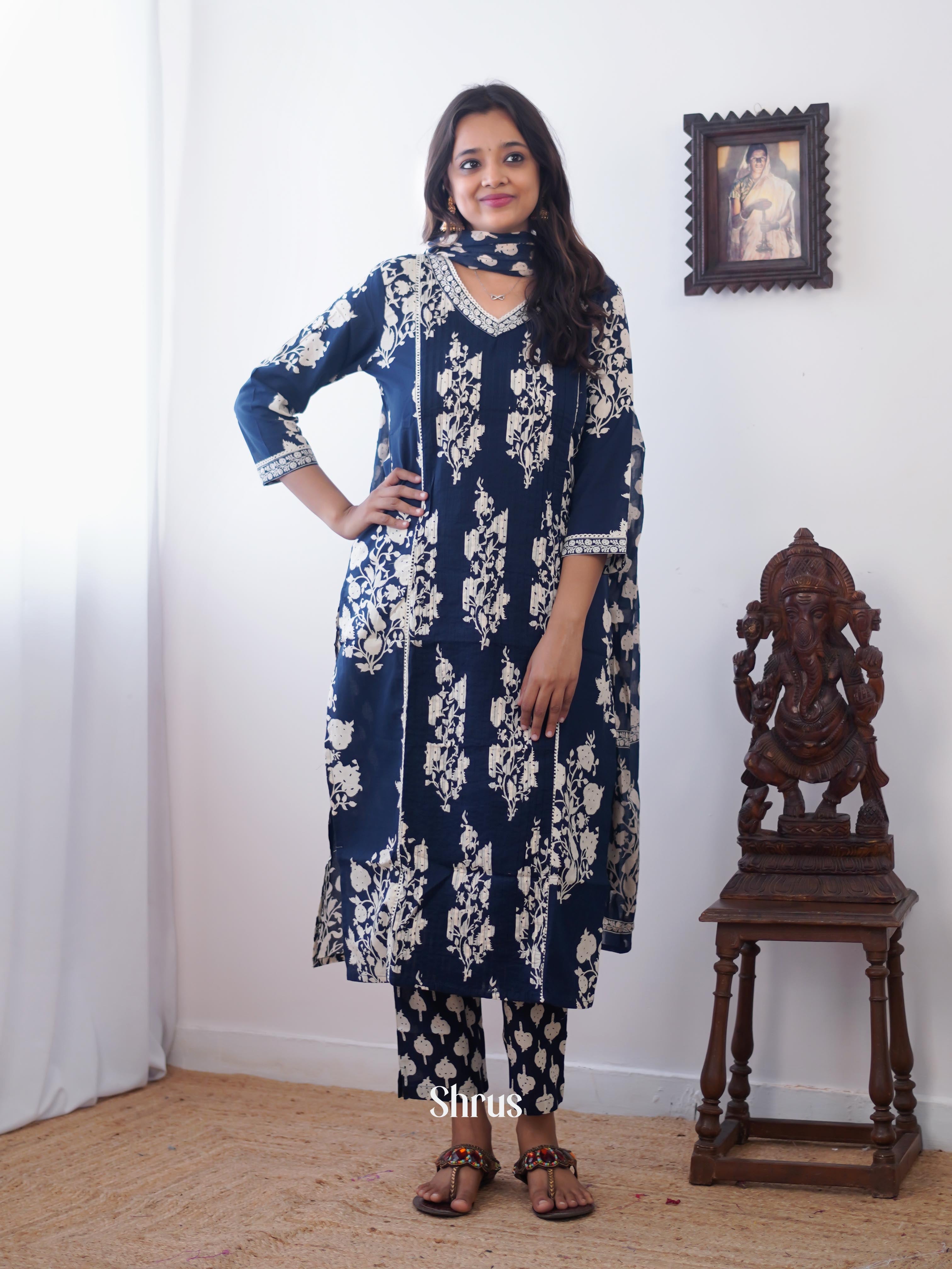 Blue  -3pc Floral printed Readymade Suits