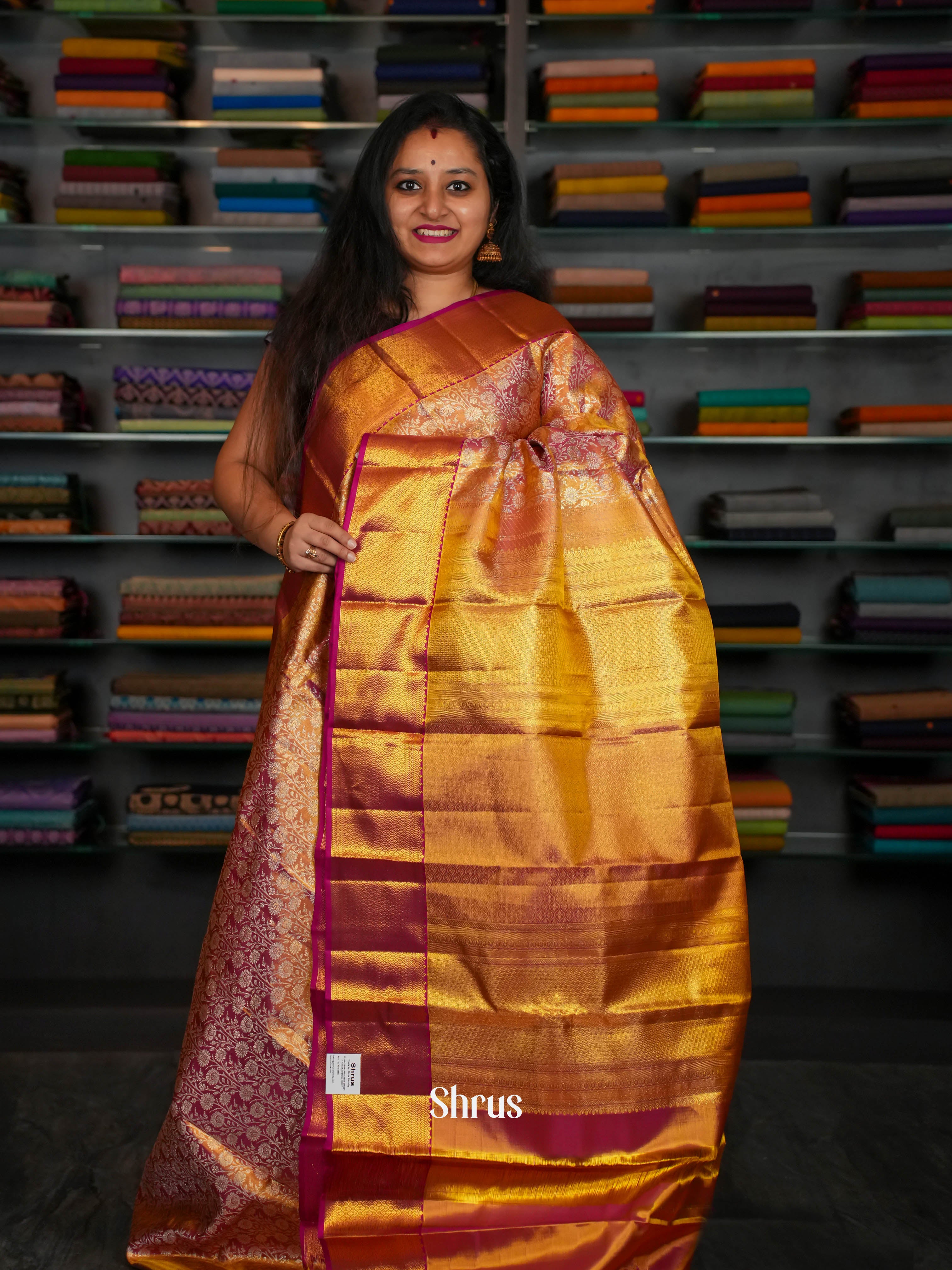 Goldish Orange & Maroon - Kanchipuram silk  Saree