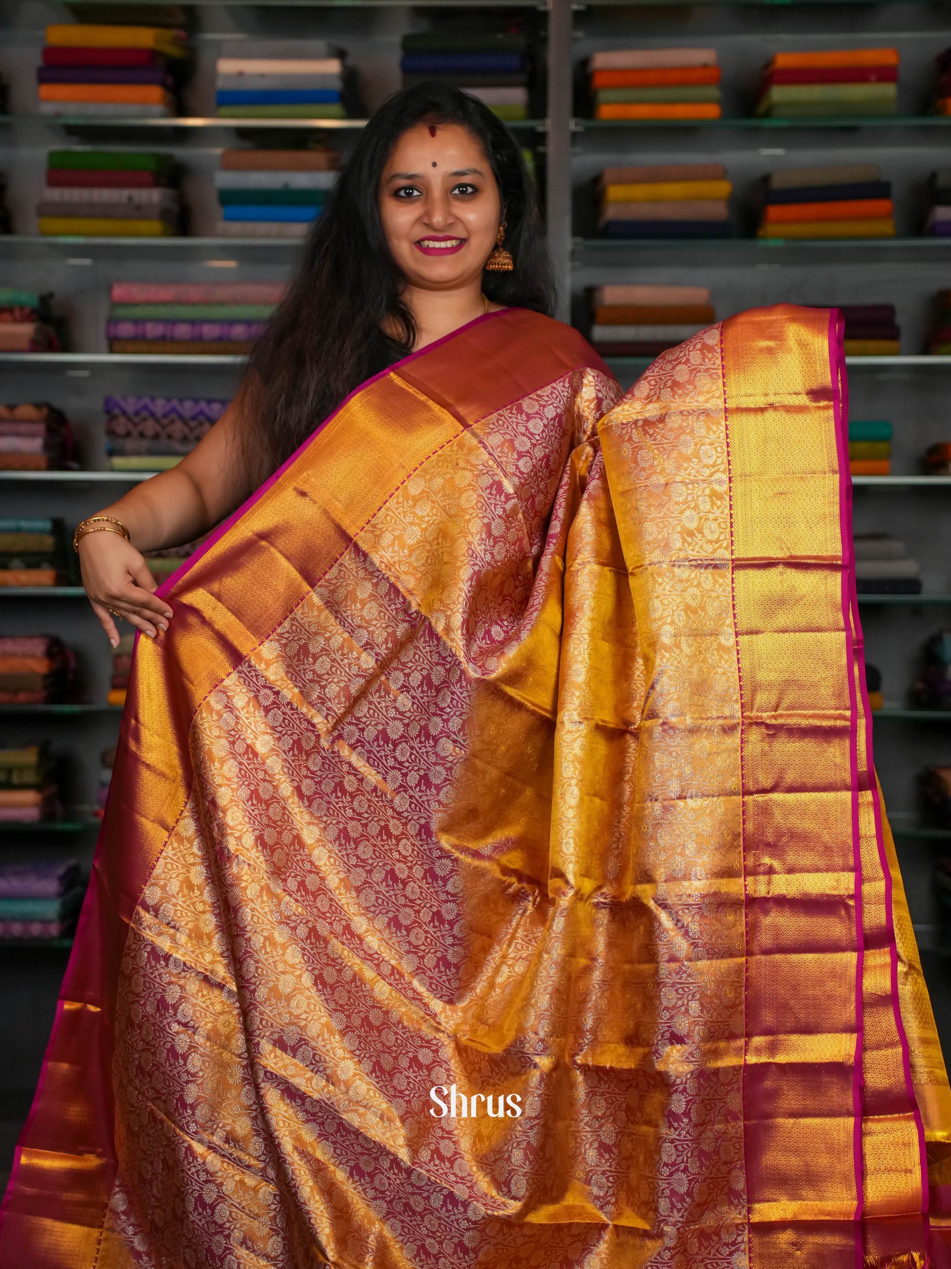 Goldish Orange & Maroon - Kanchipuram silk  Saree