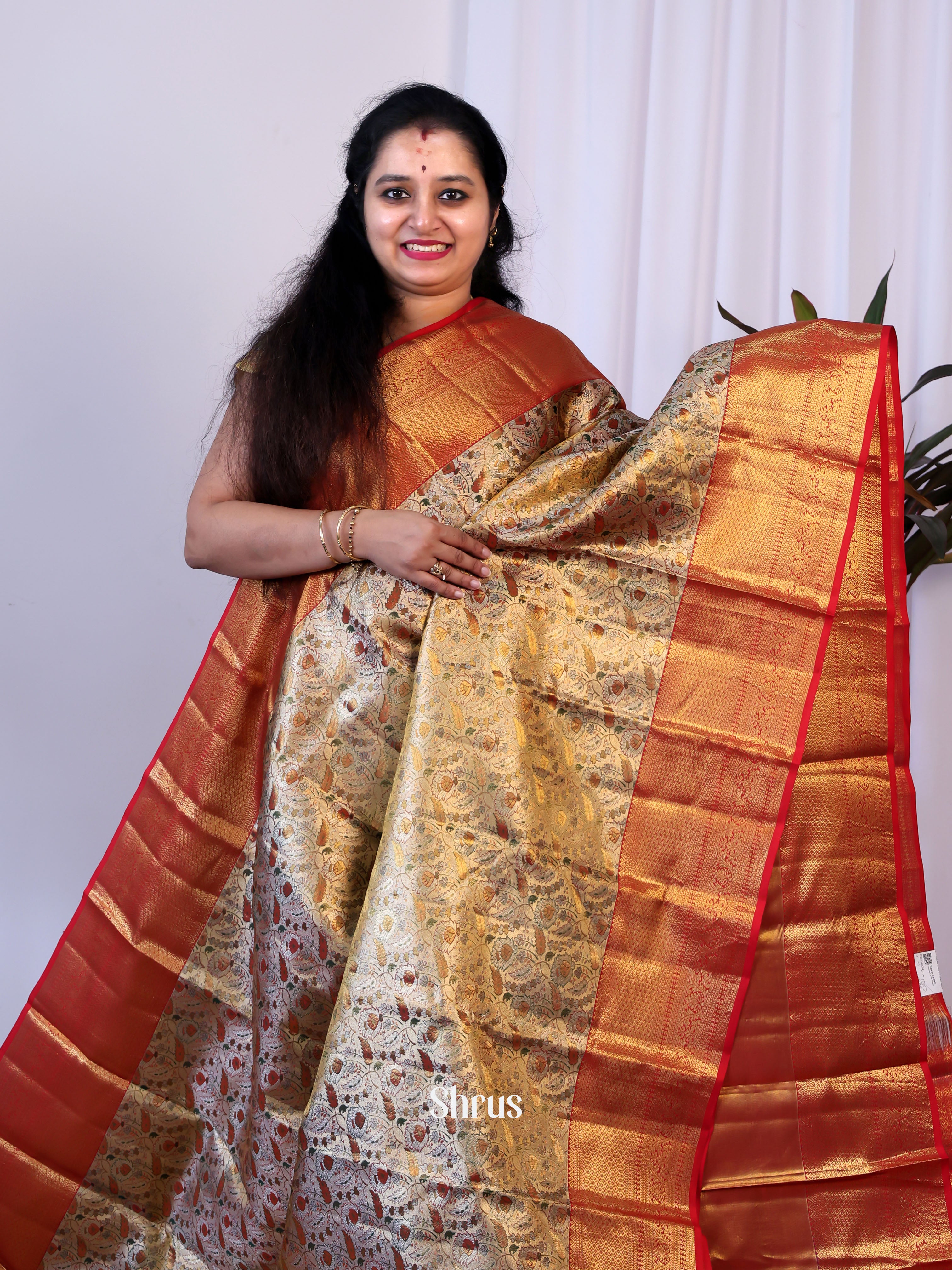 Cream & Goldish Red - Kanchipuram silk  Saree