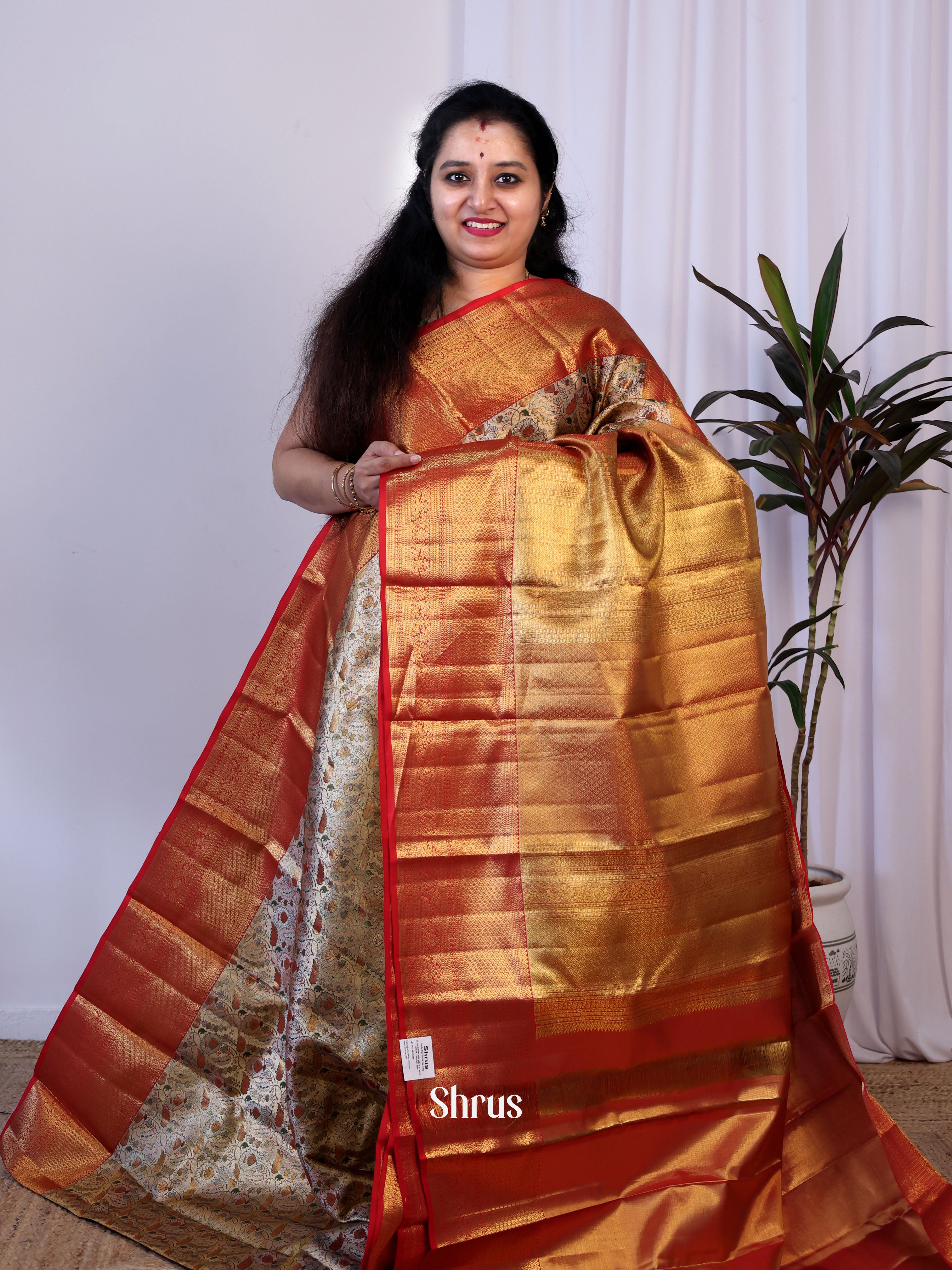 Cream & Goldish Red - Kanchipuram silk  Saree