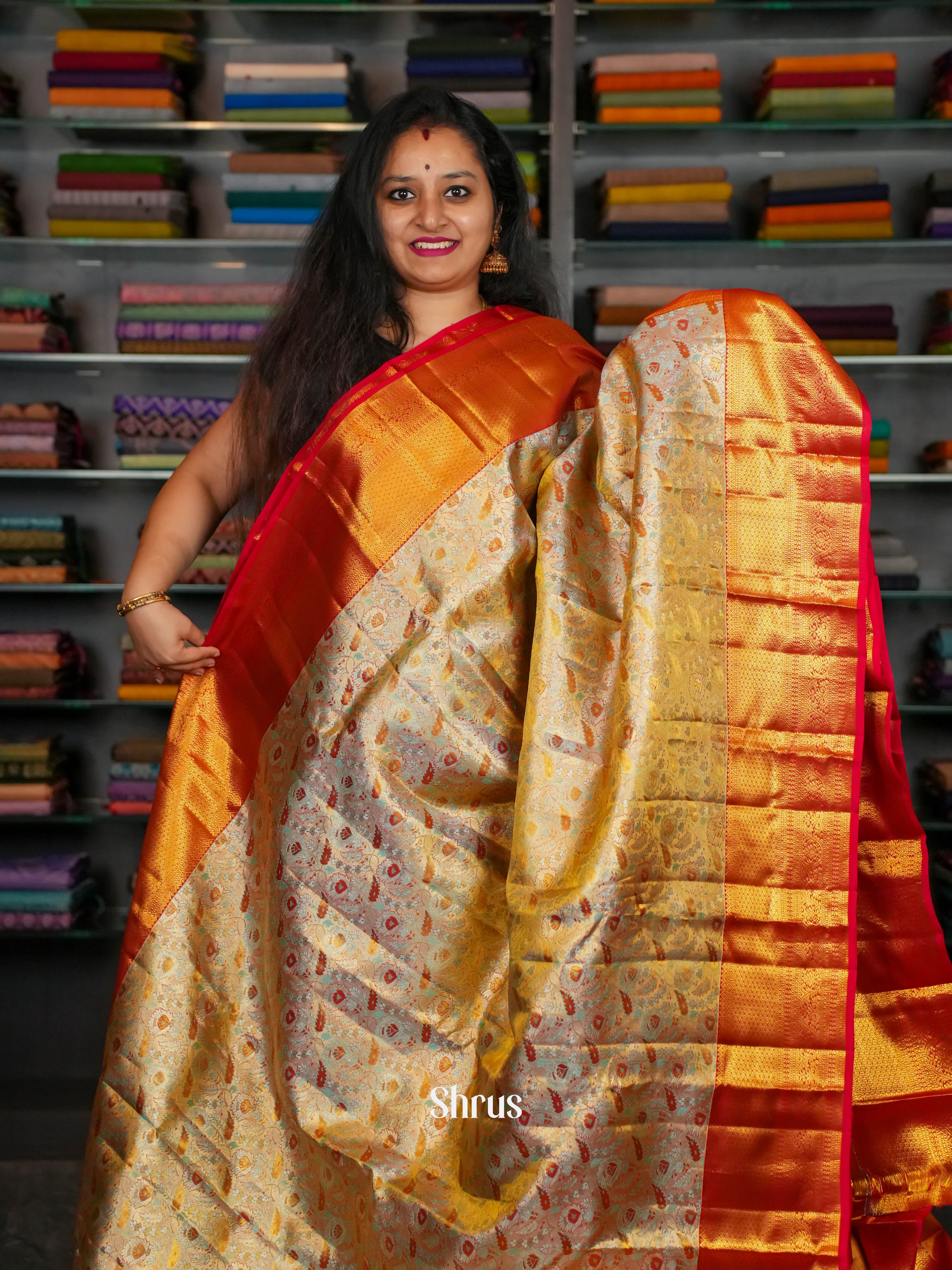 Cream & Red - Kanchipuram silk  Saree