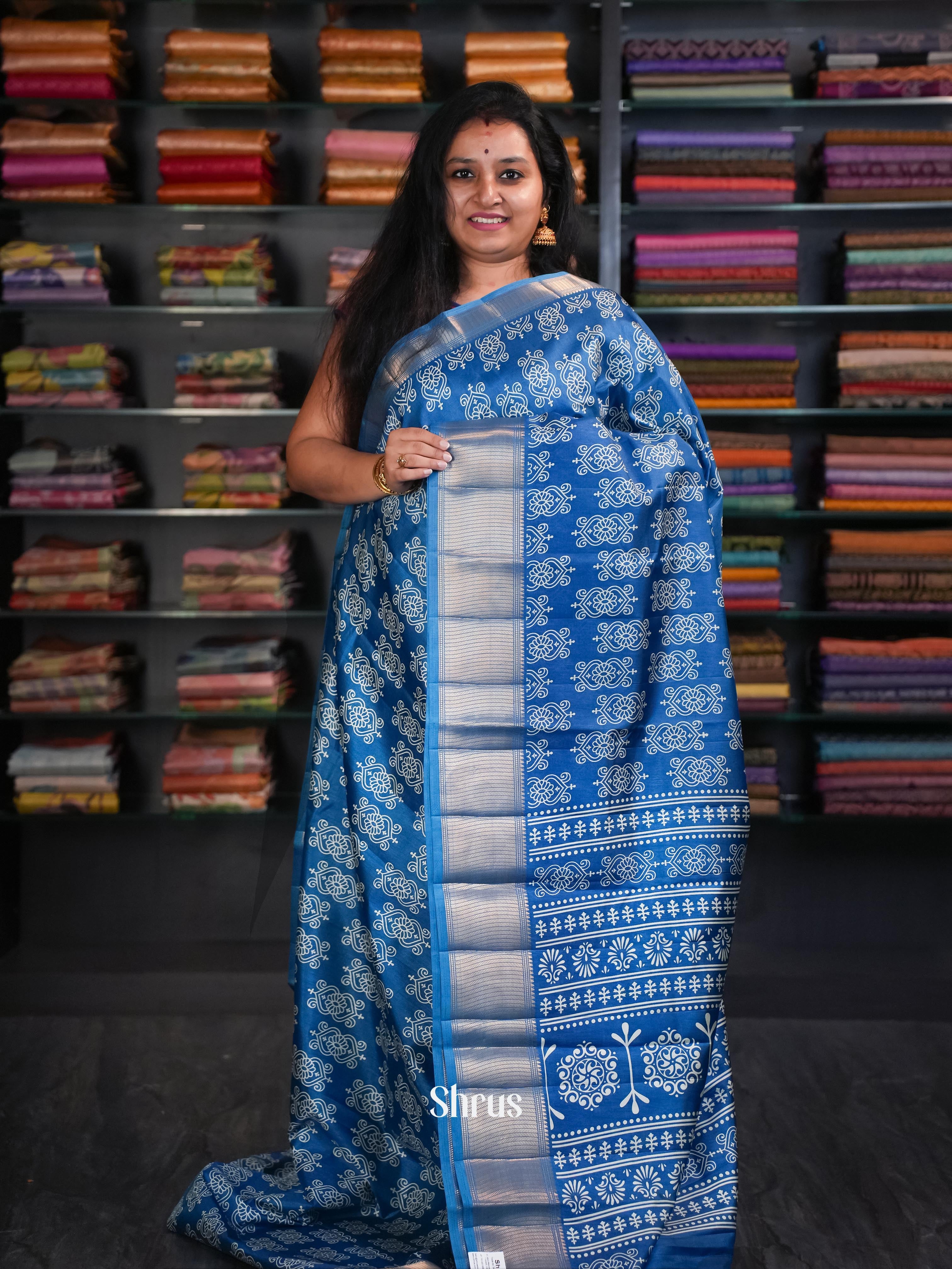 Blue  - Semi Crepe Saree