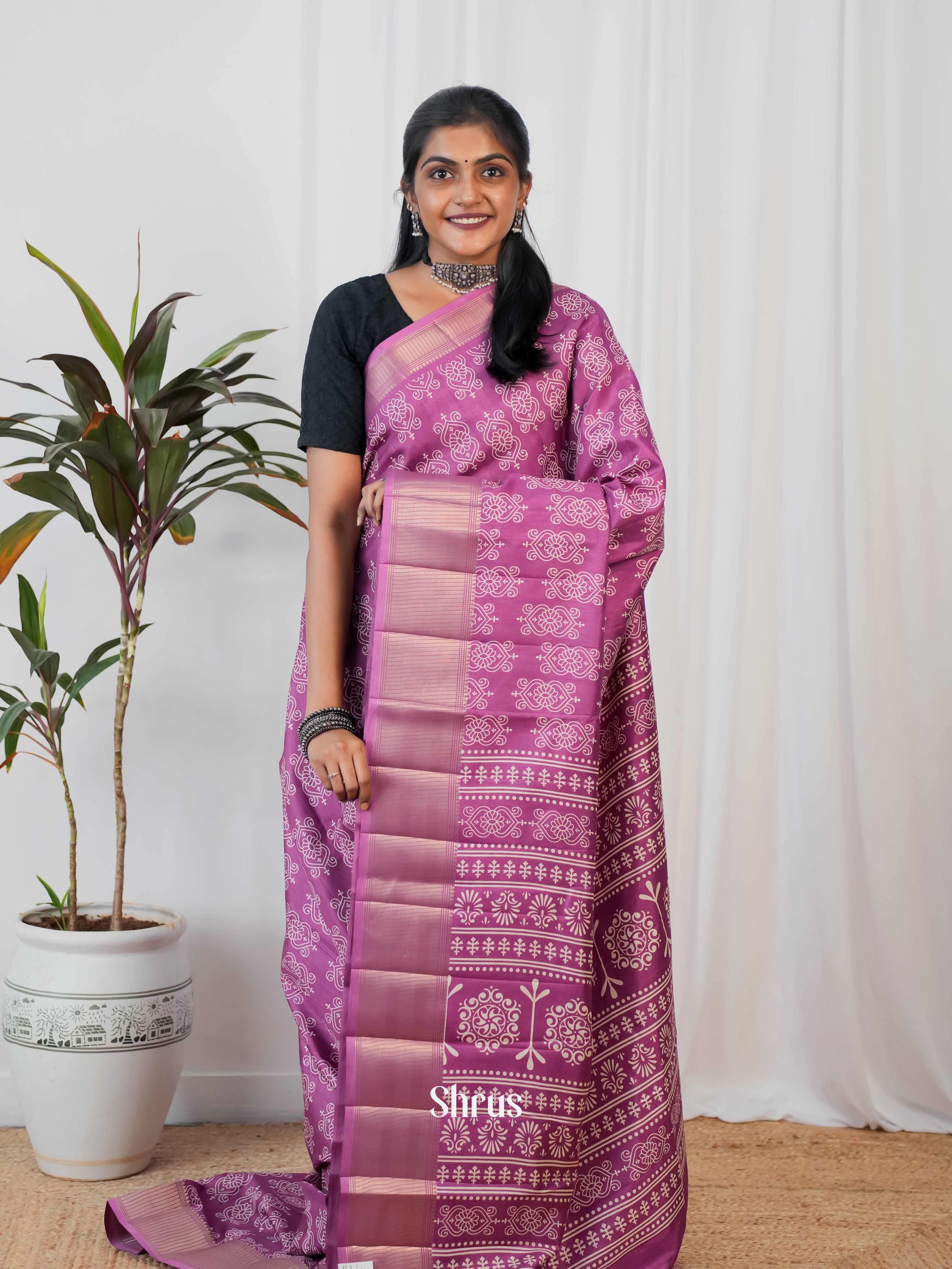 Purple - Semi Crepe Saree