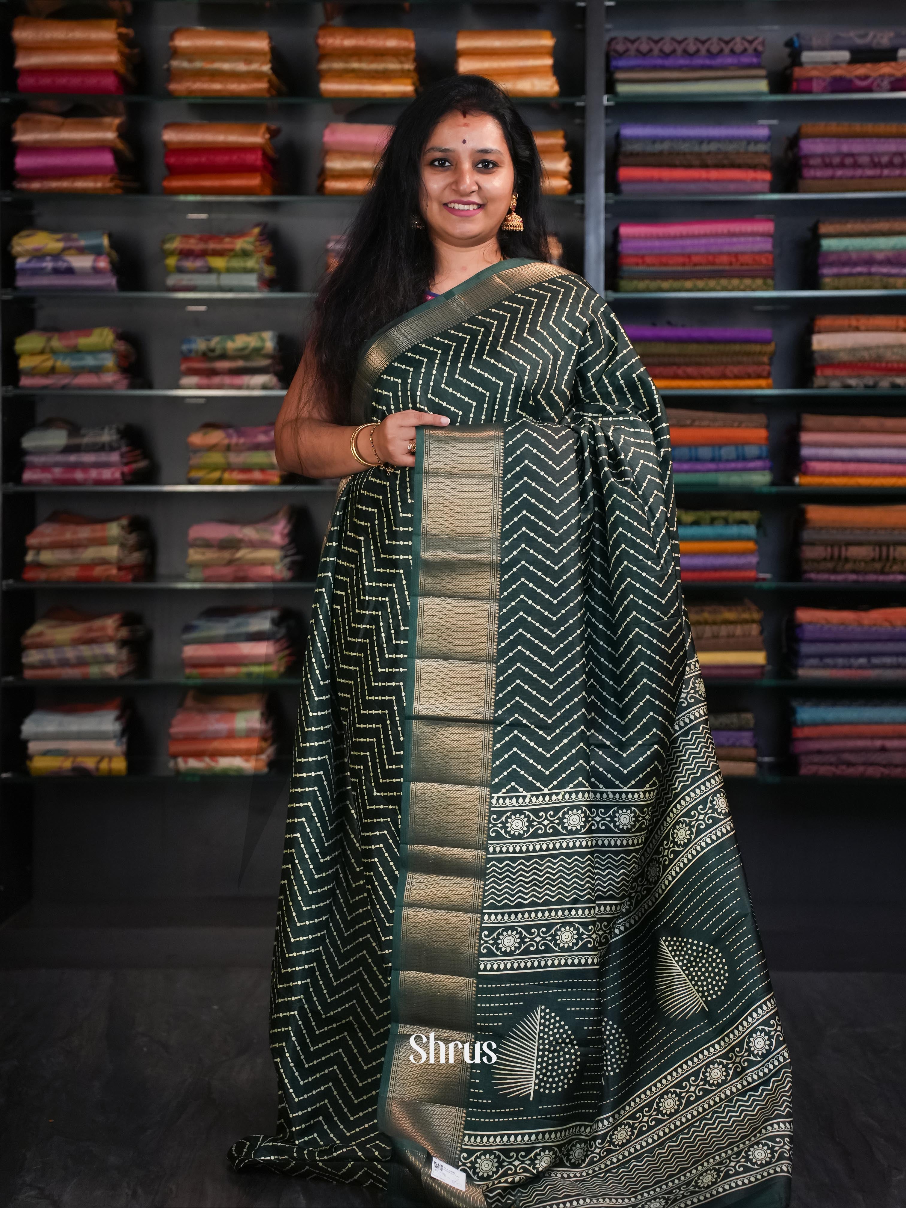 Dark Green - Semi Crepe Saree