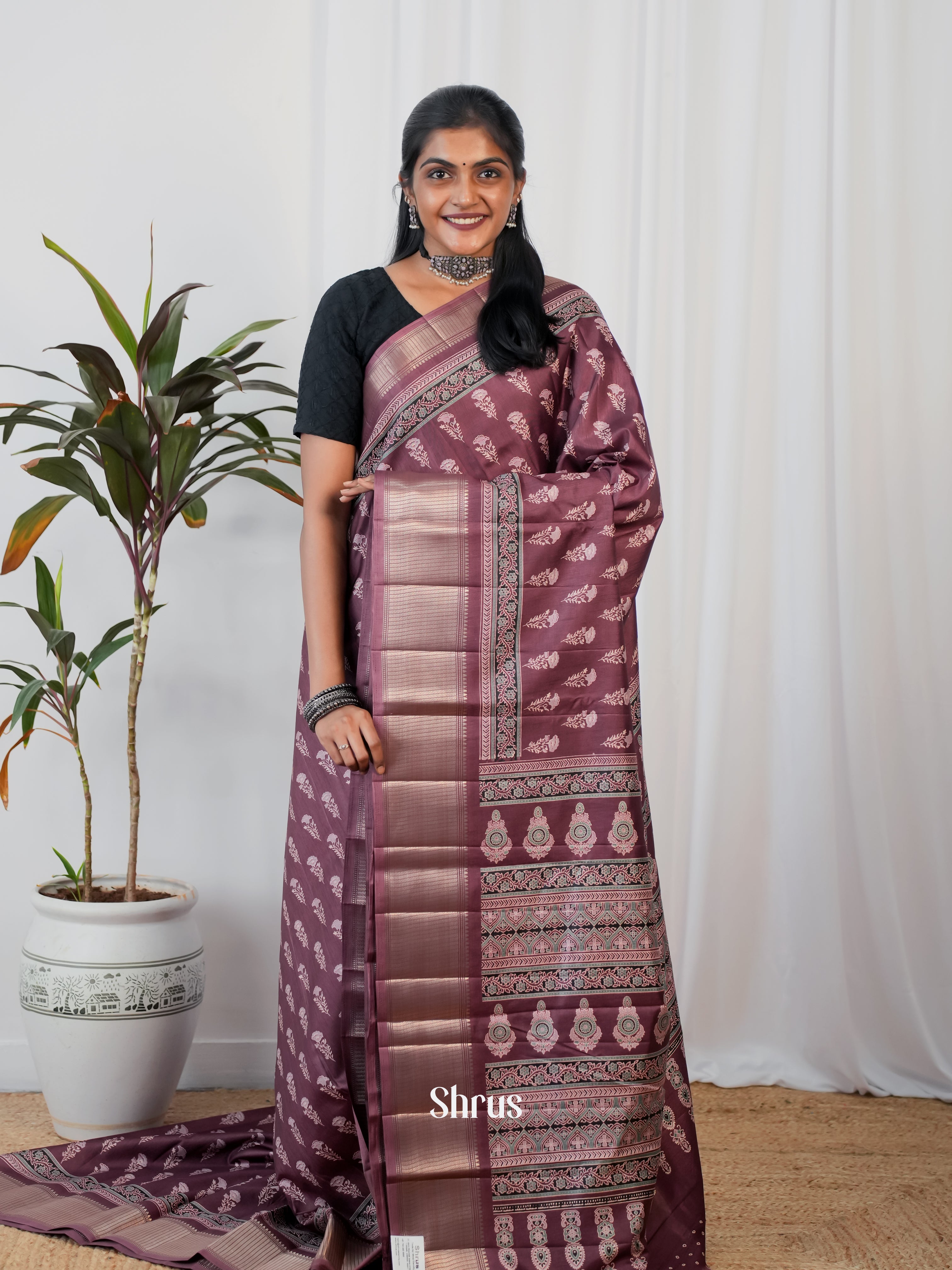 Brown - Semi Crepe Saree