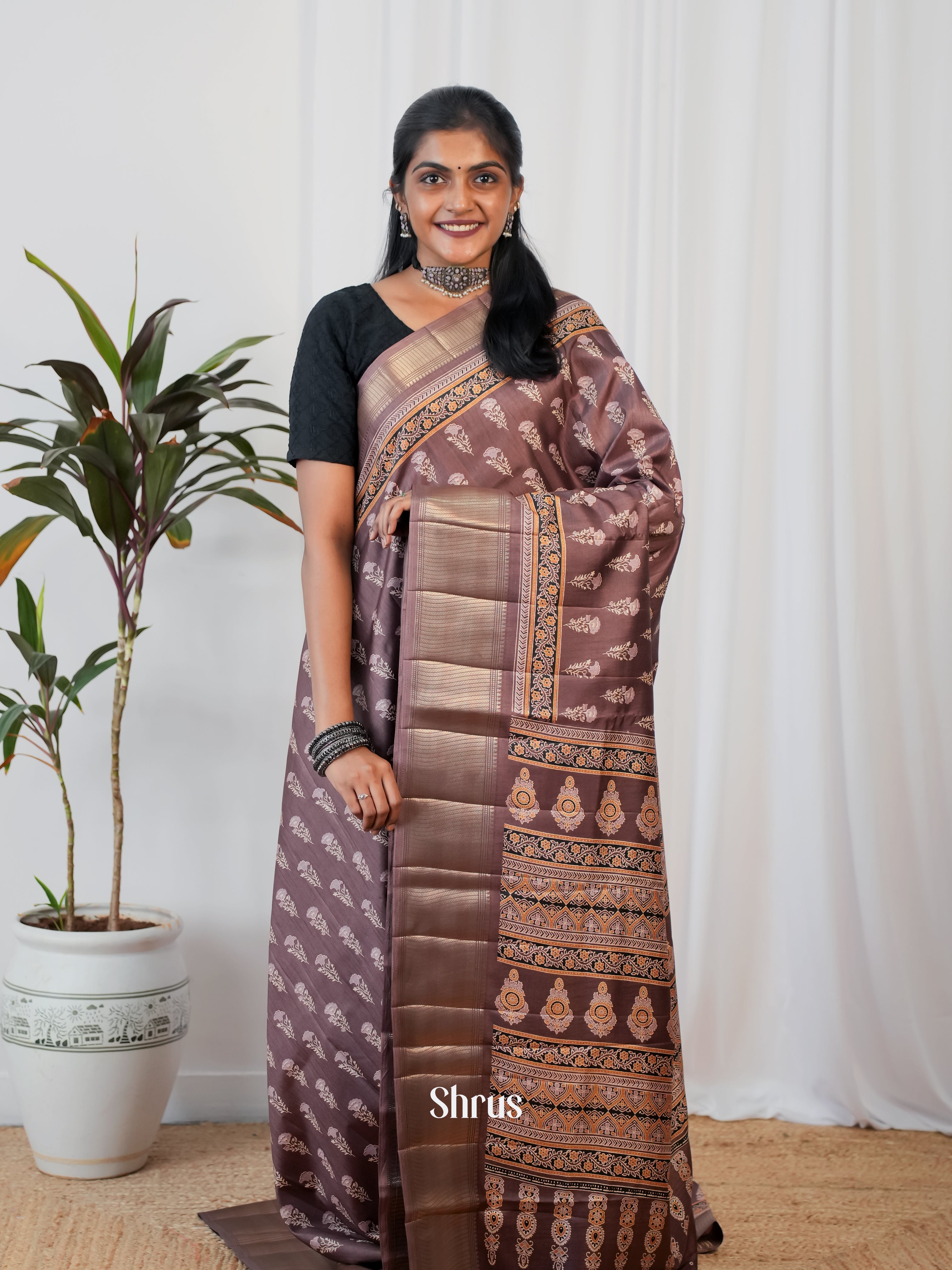 Brown - Semi Crepe Saree