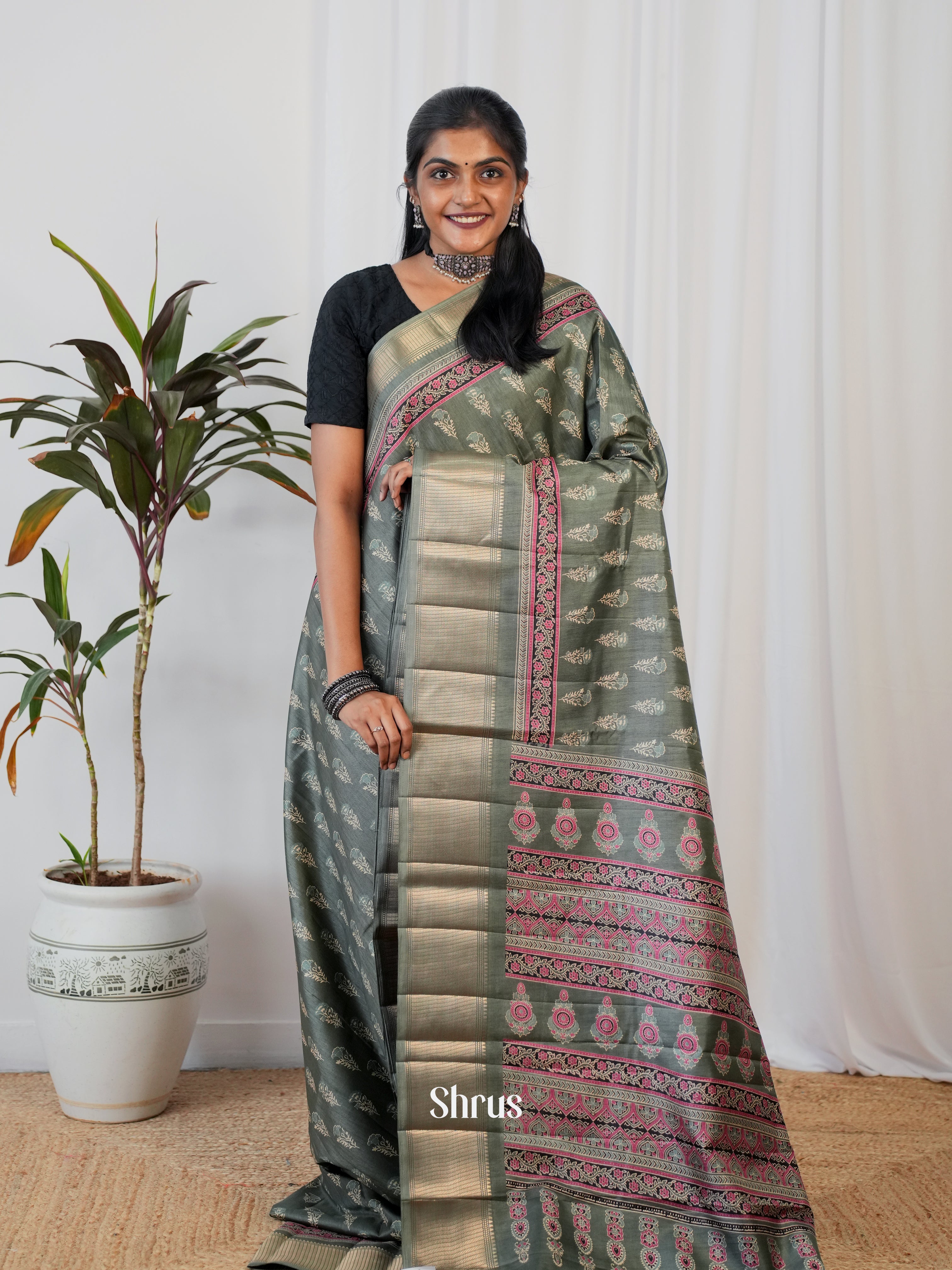 Grey Green- Semi Crepe Saree