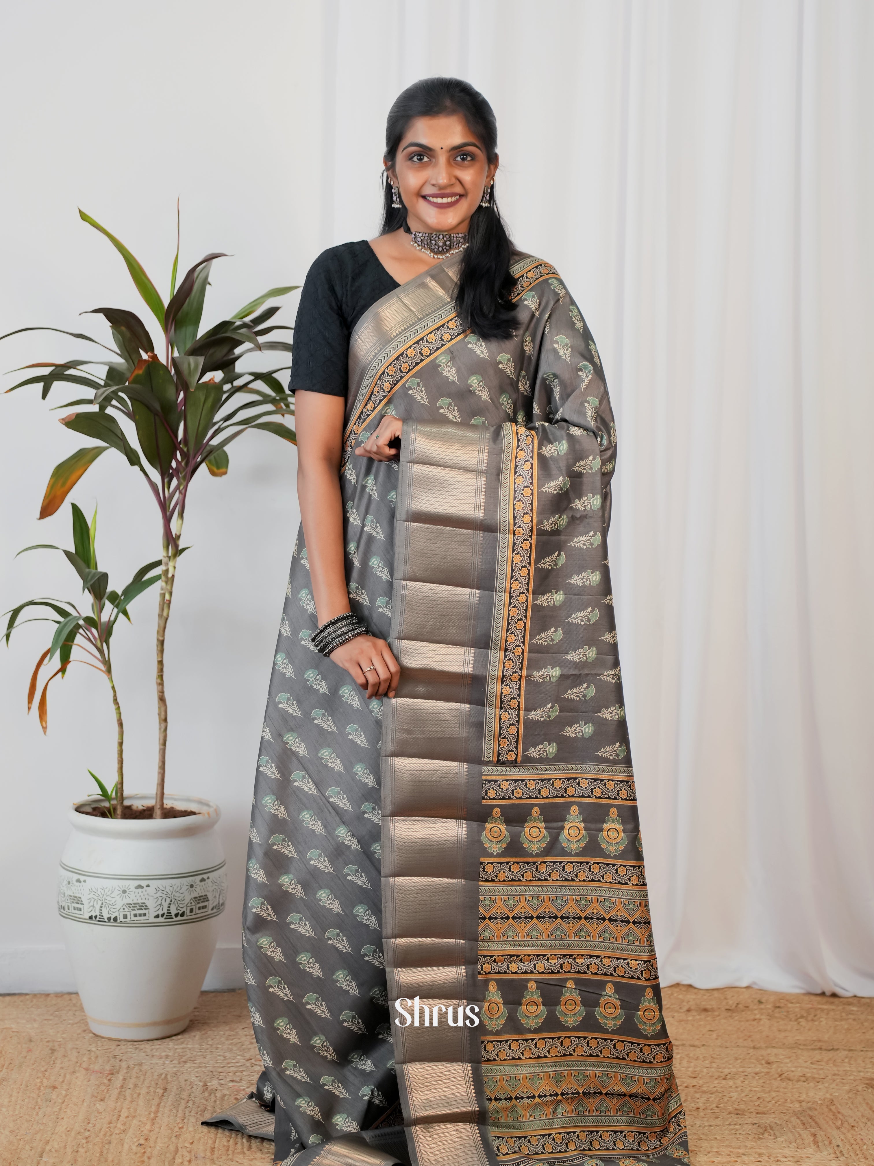 Grey - Semi Crepe Saree