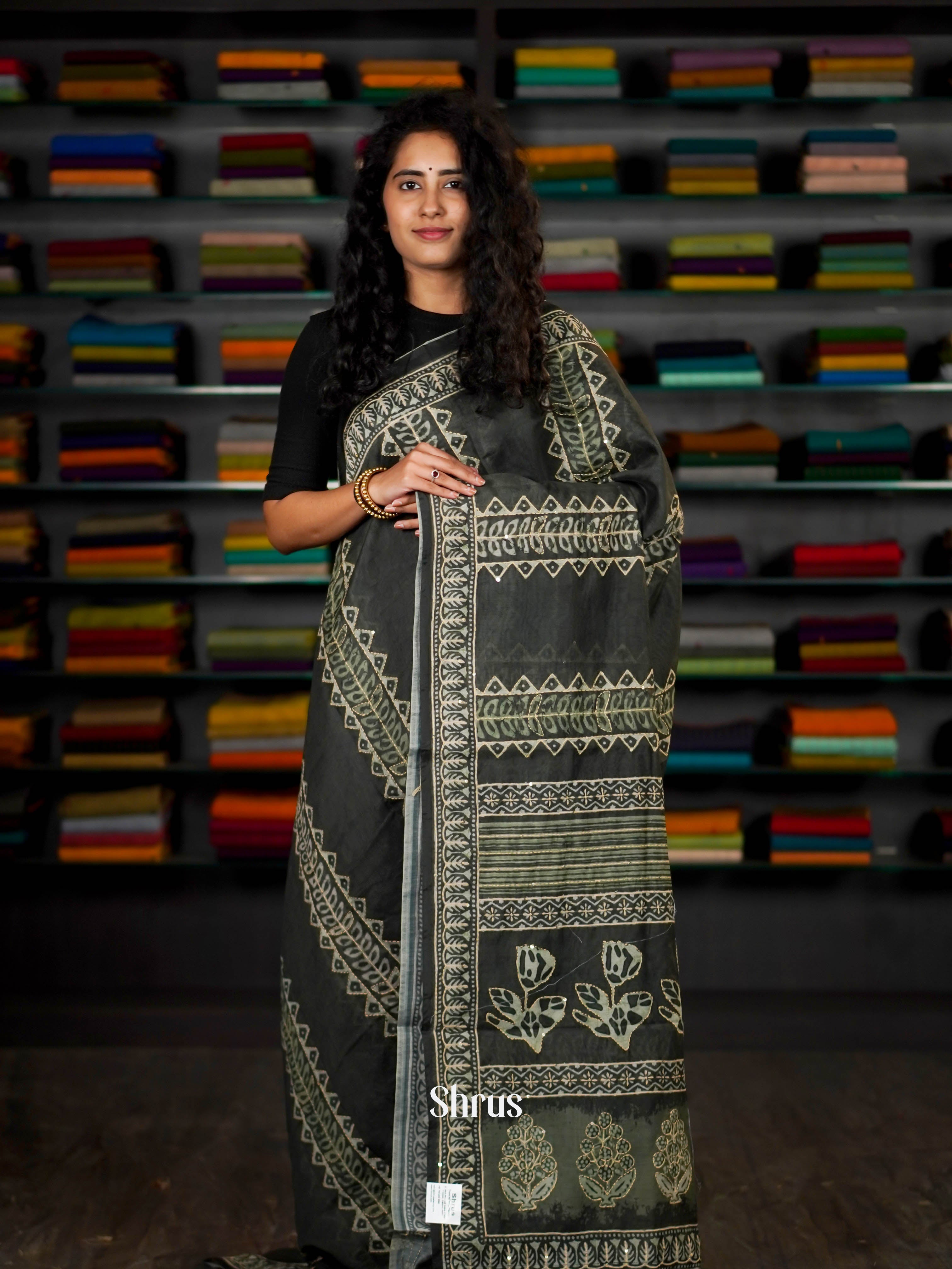 Dark Green  - Semi Kantha Saree