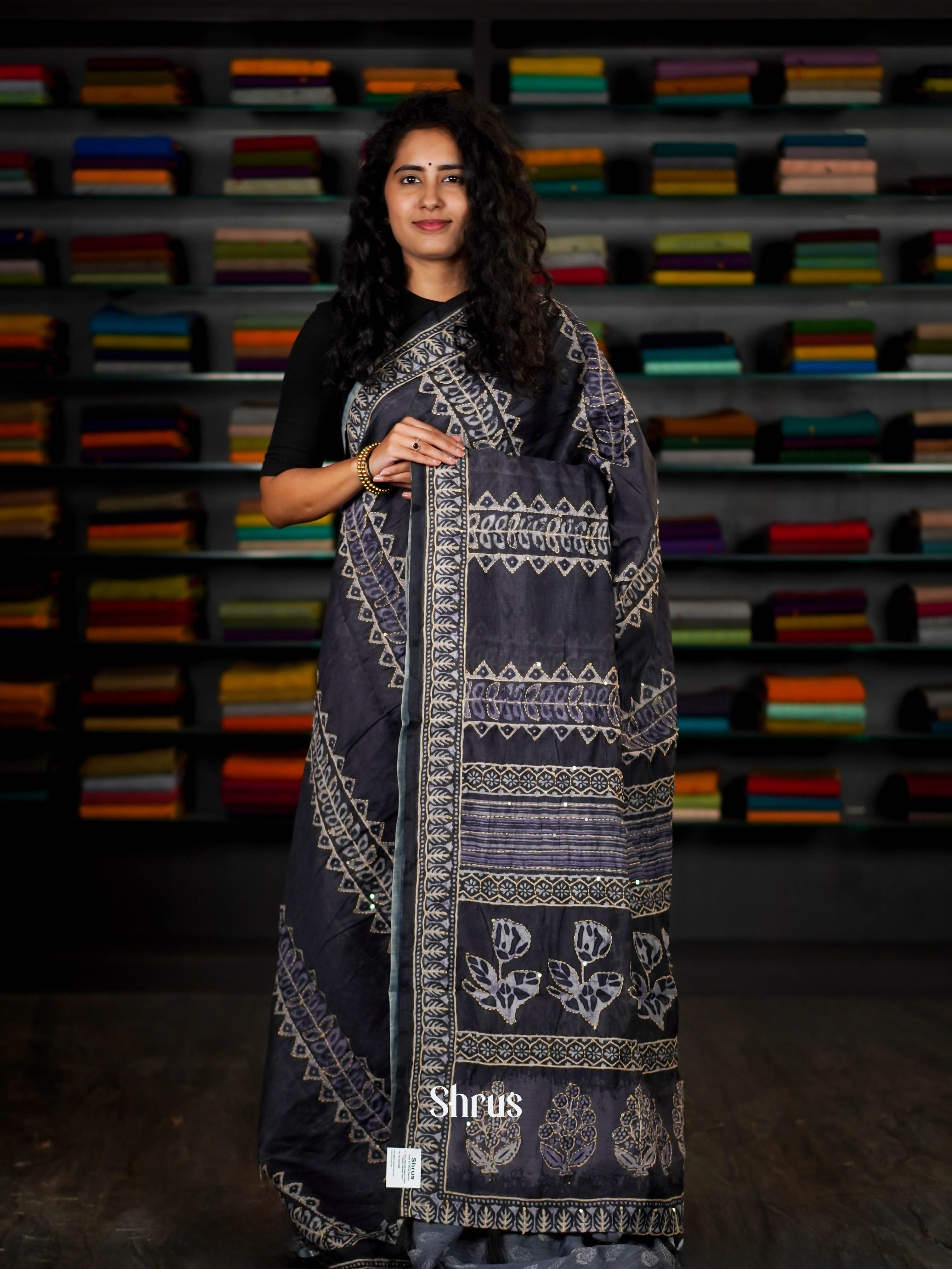 Dark Grey - Semi Kantha Saree