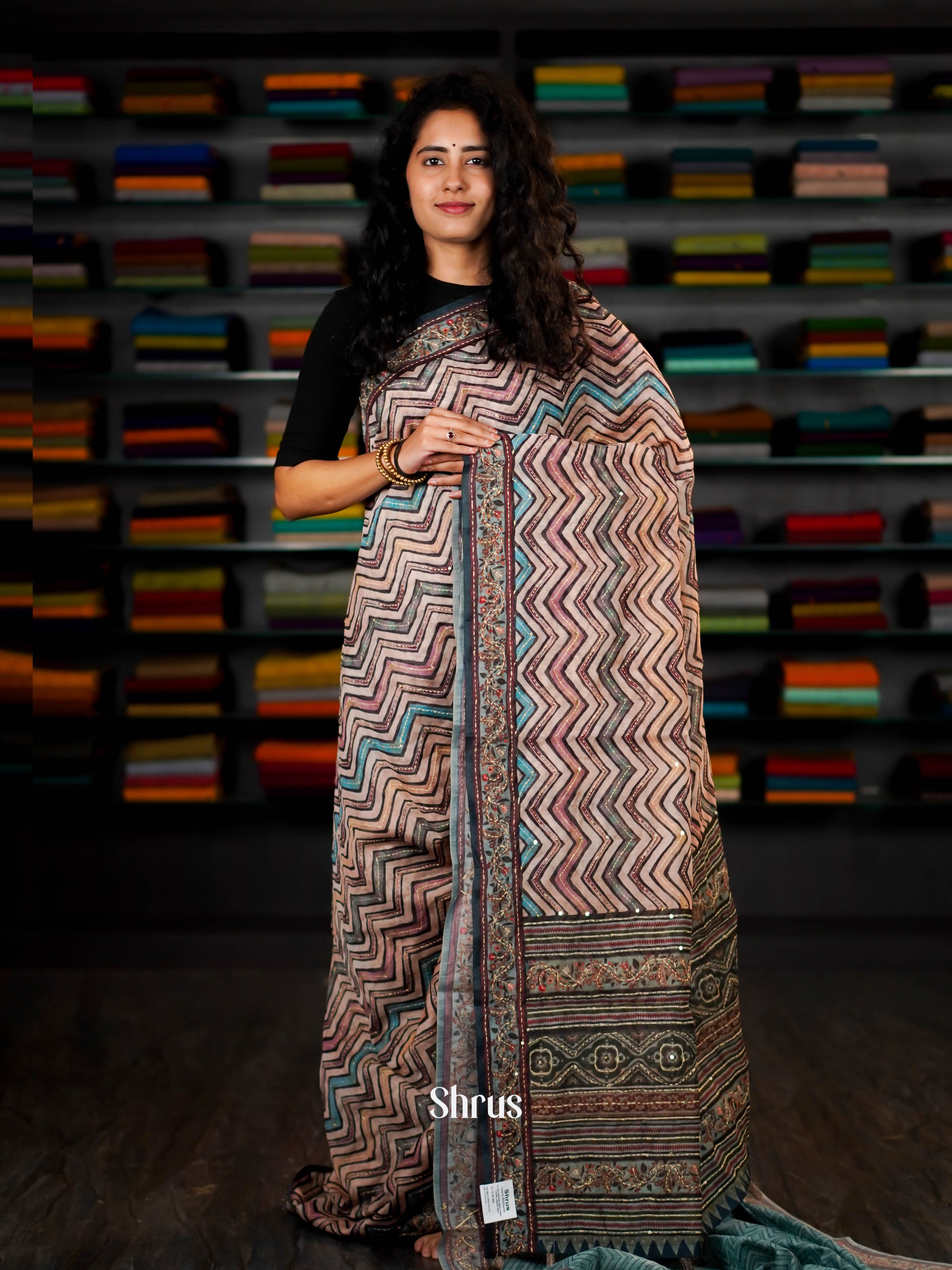 Cream & teal  - Semi Kantha Saree