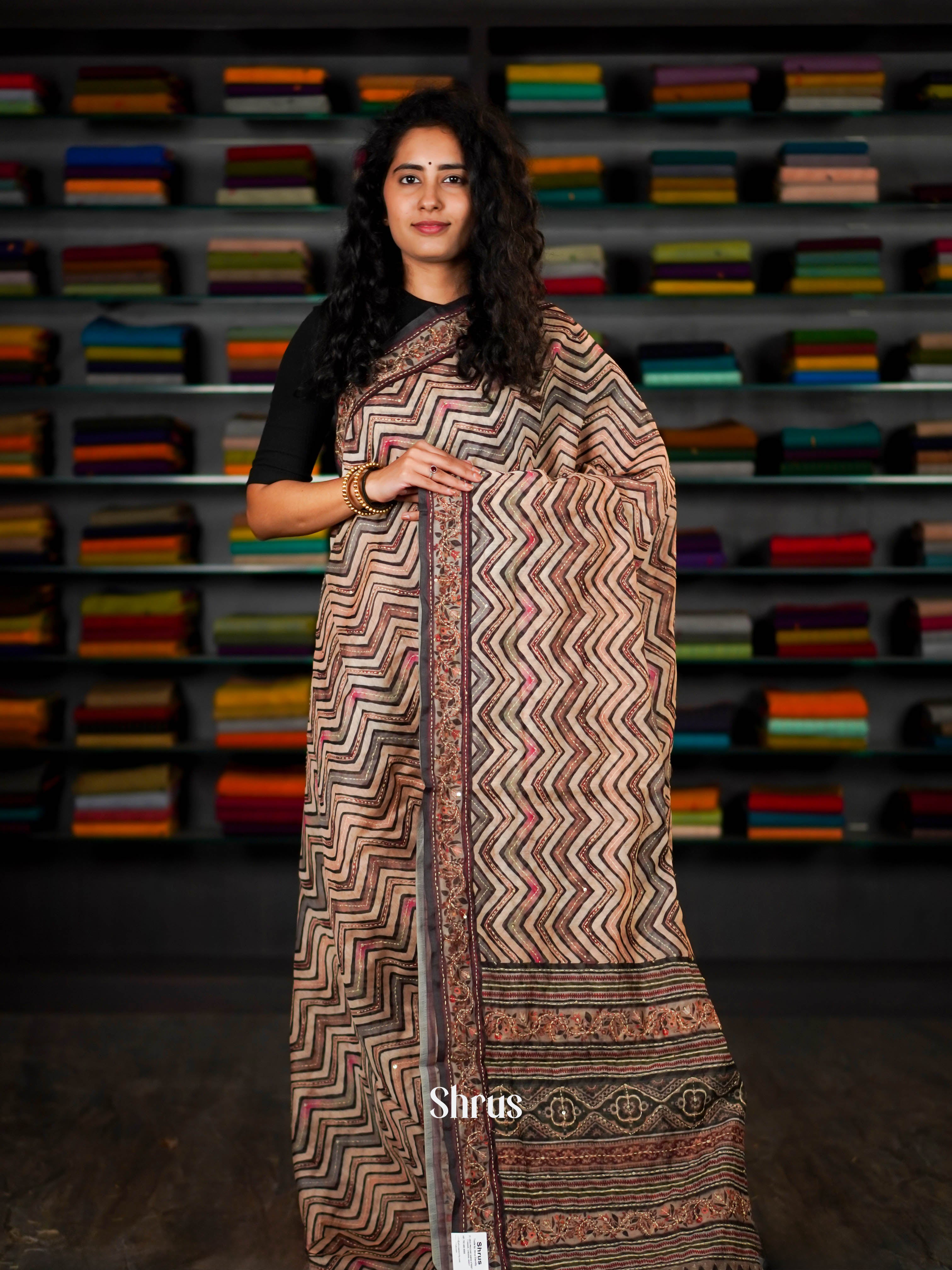 Cream & Green  - Semi Kantha Saree