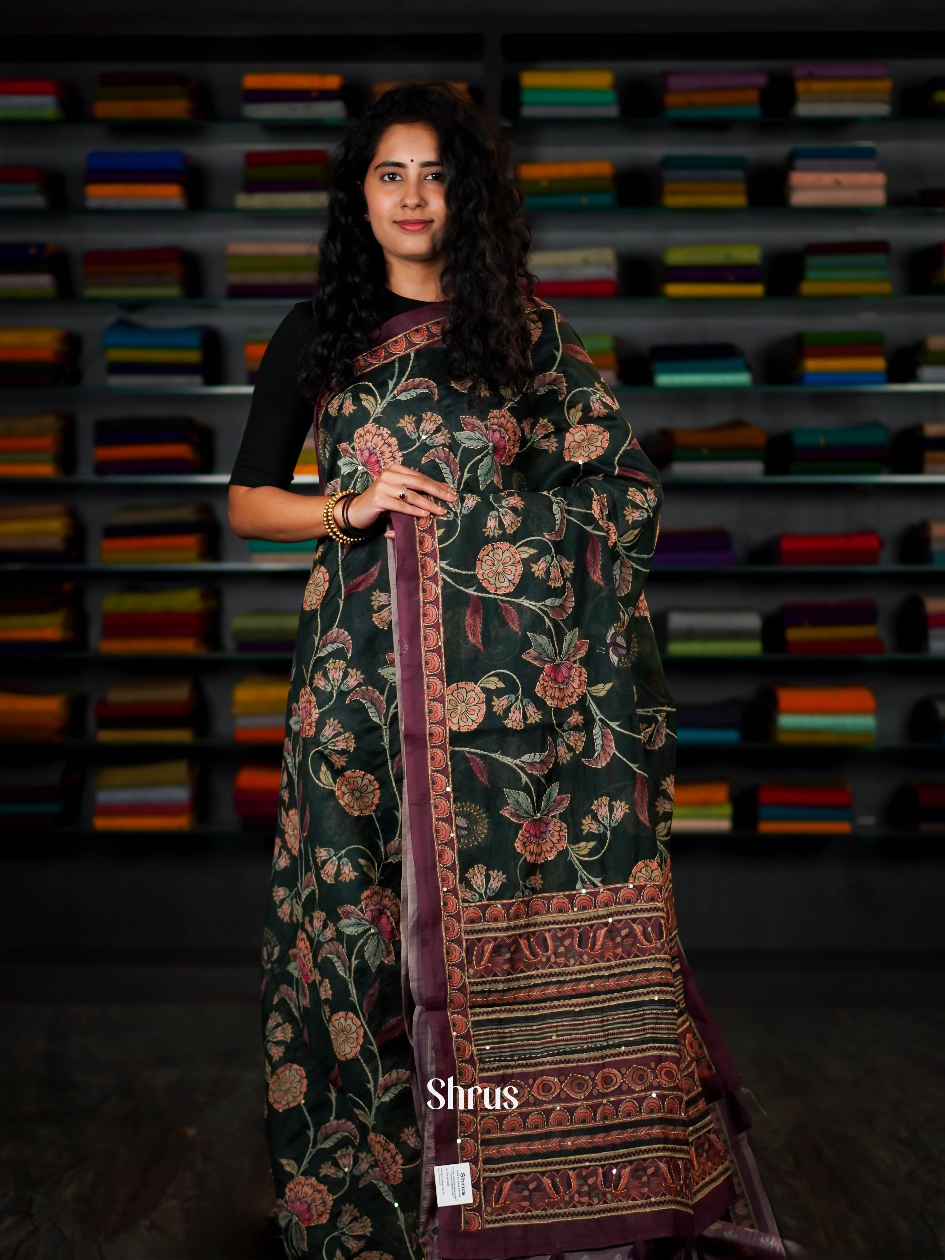 Dark Green  - Semi Kantha Saree