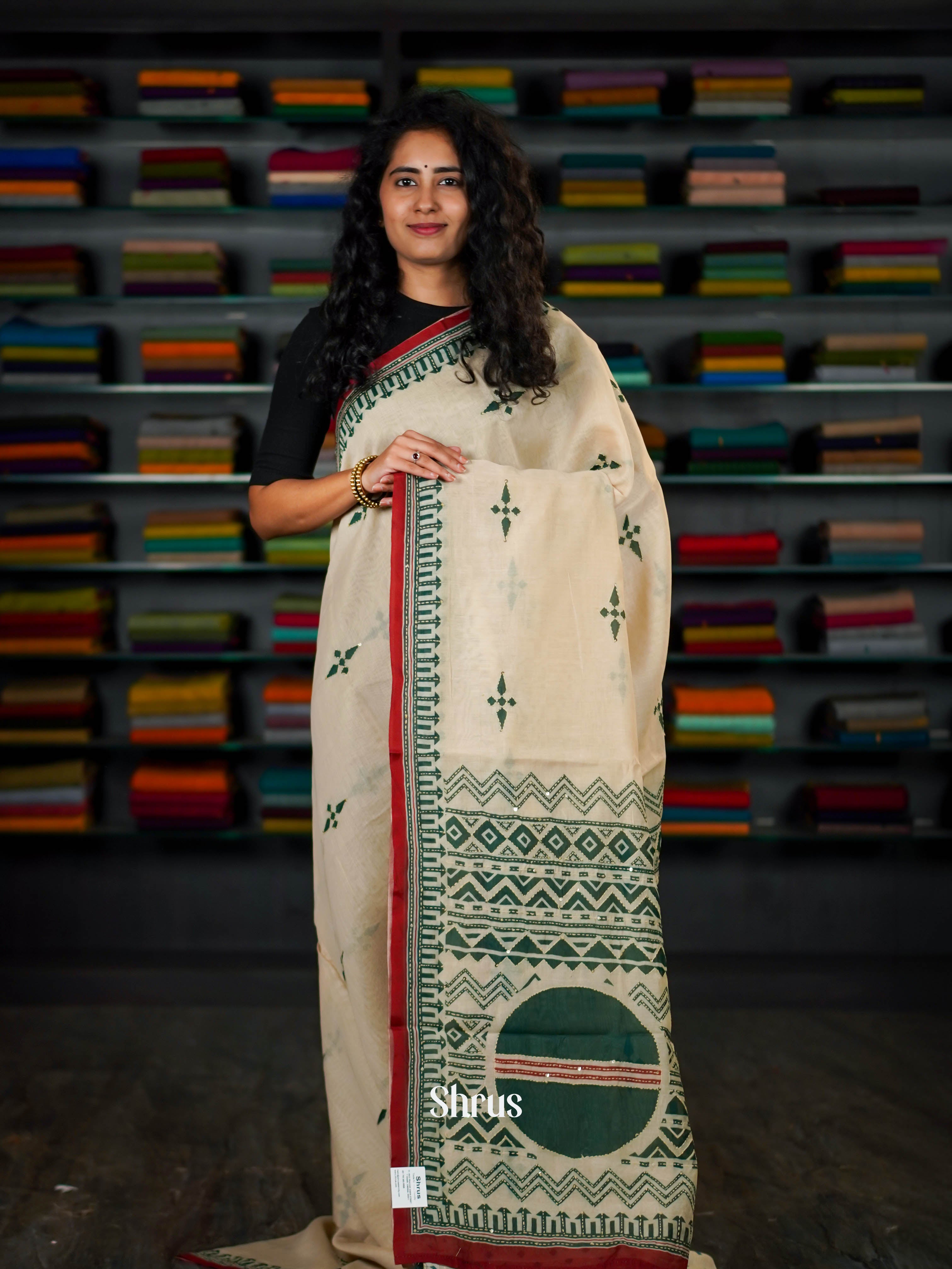 Cream & Green   - Semi Kantha Saree