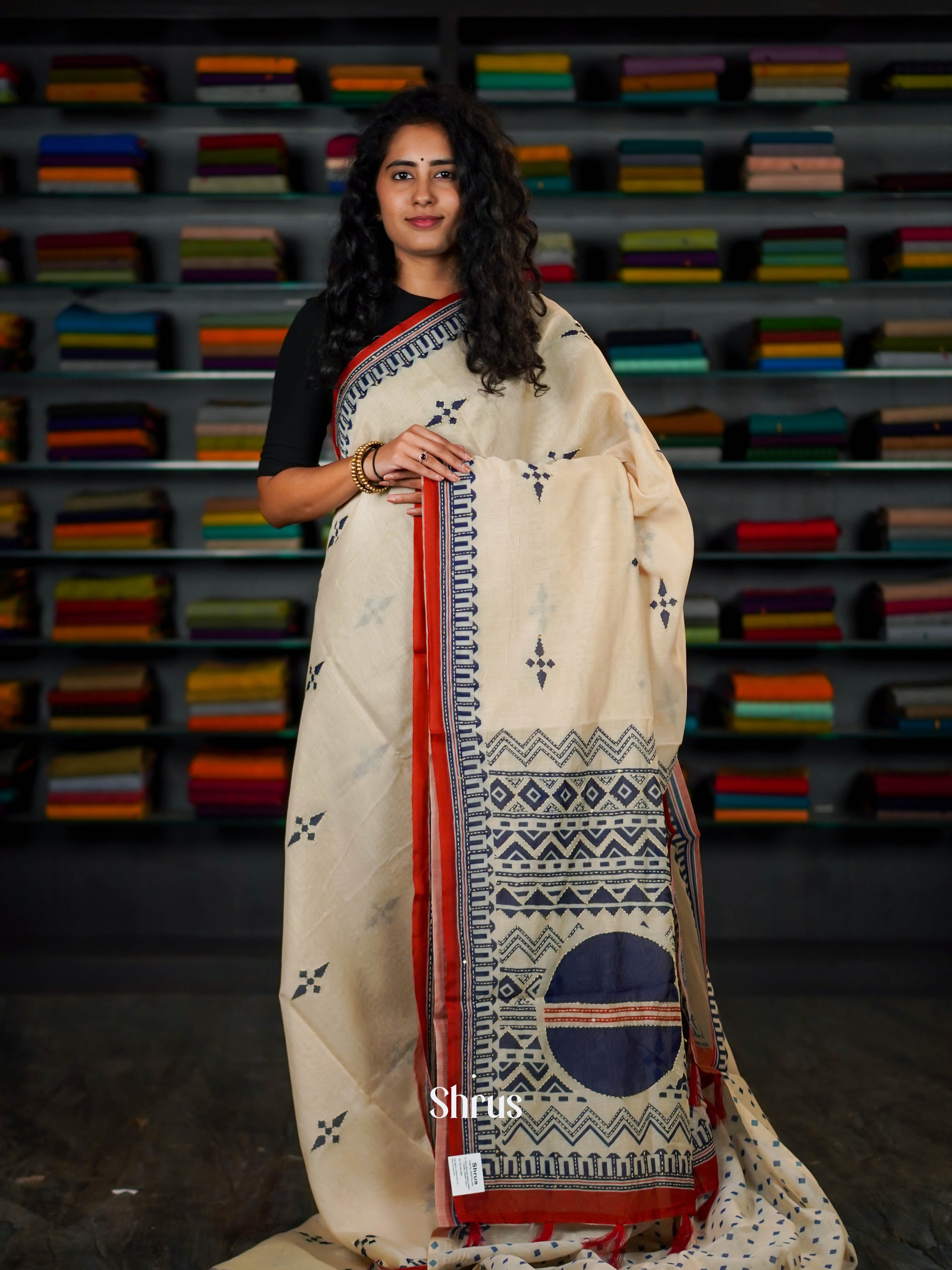 Cream & Red  - Semi Kantha Saree