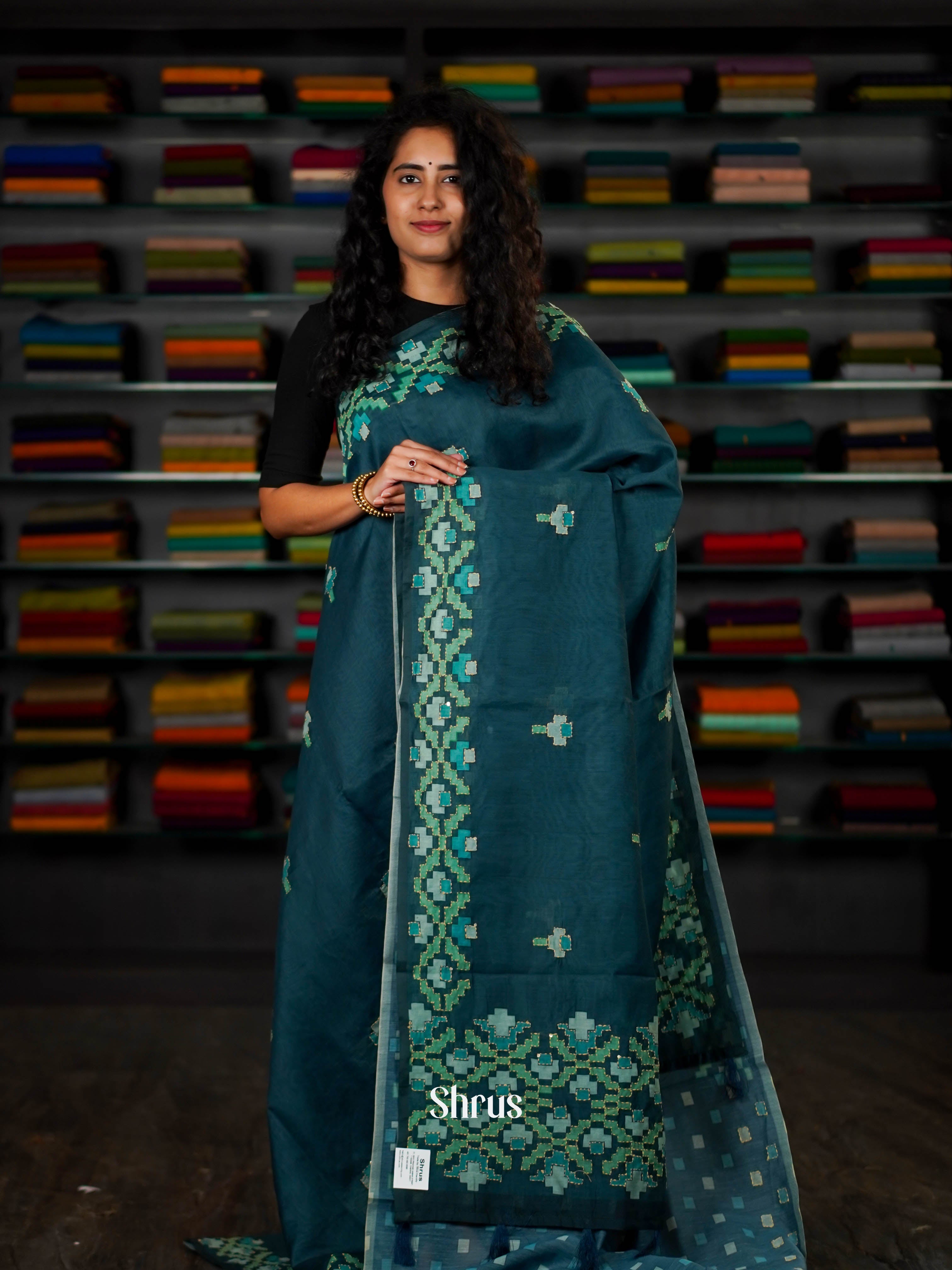 Bluish Green  - Semi Kantha Saree