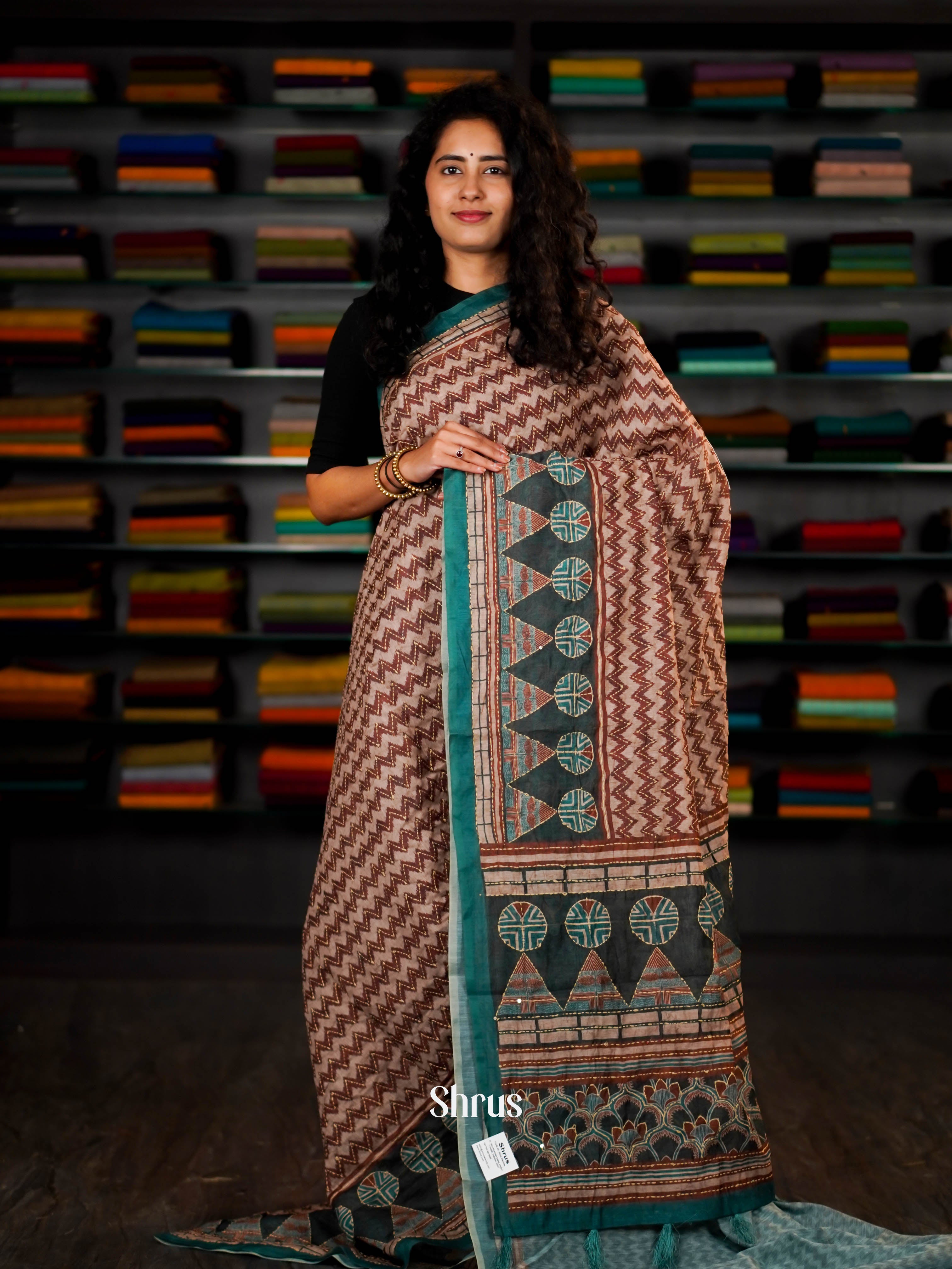 Brown & Green - Semi Kantha Saree