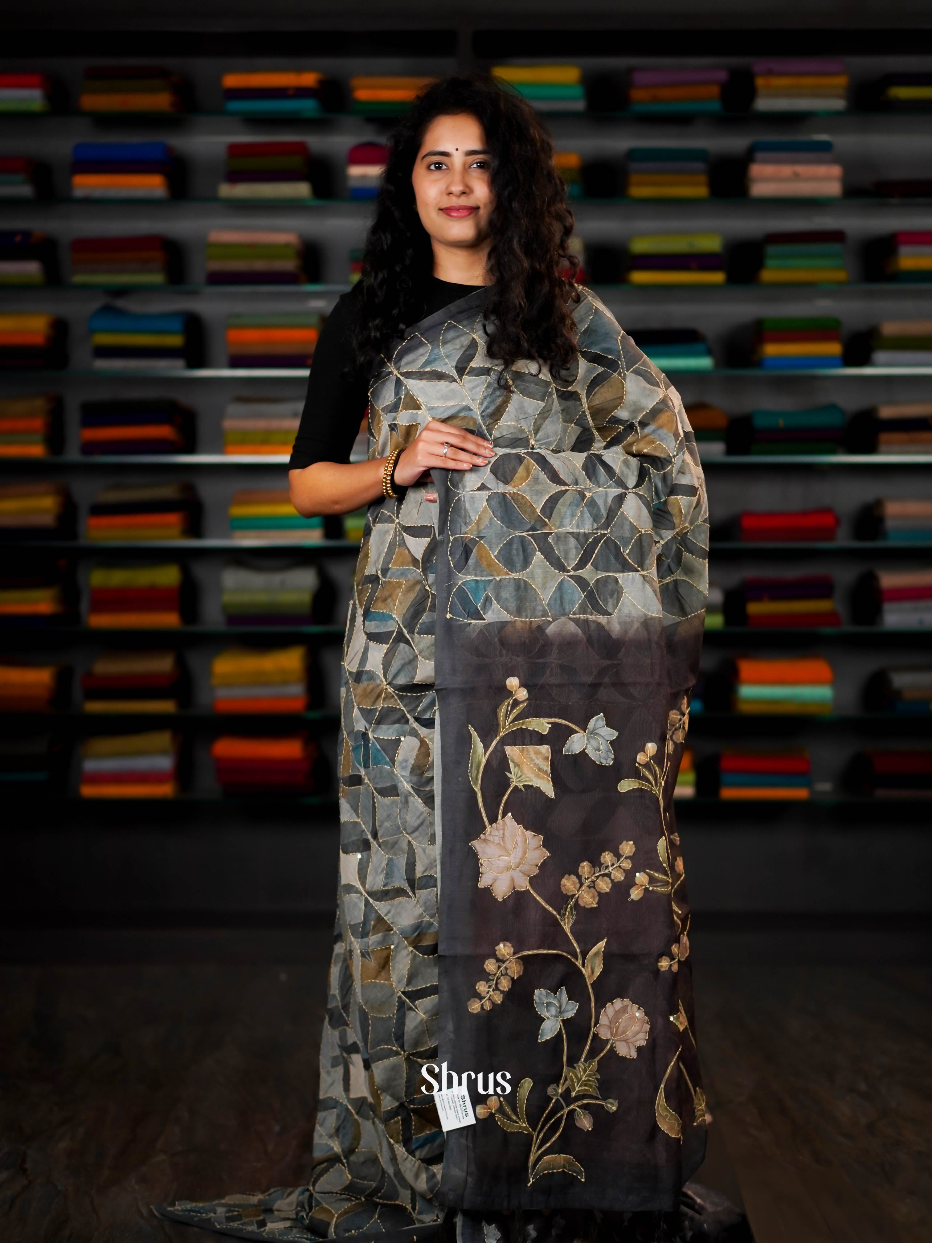 Grey & Black - Semi Kantha Saree