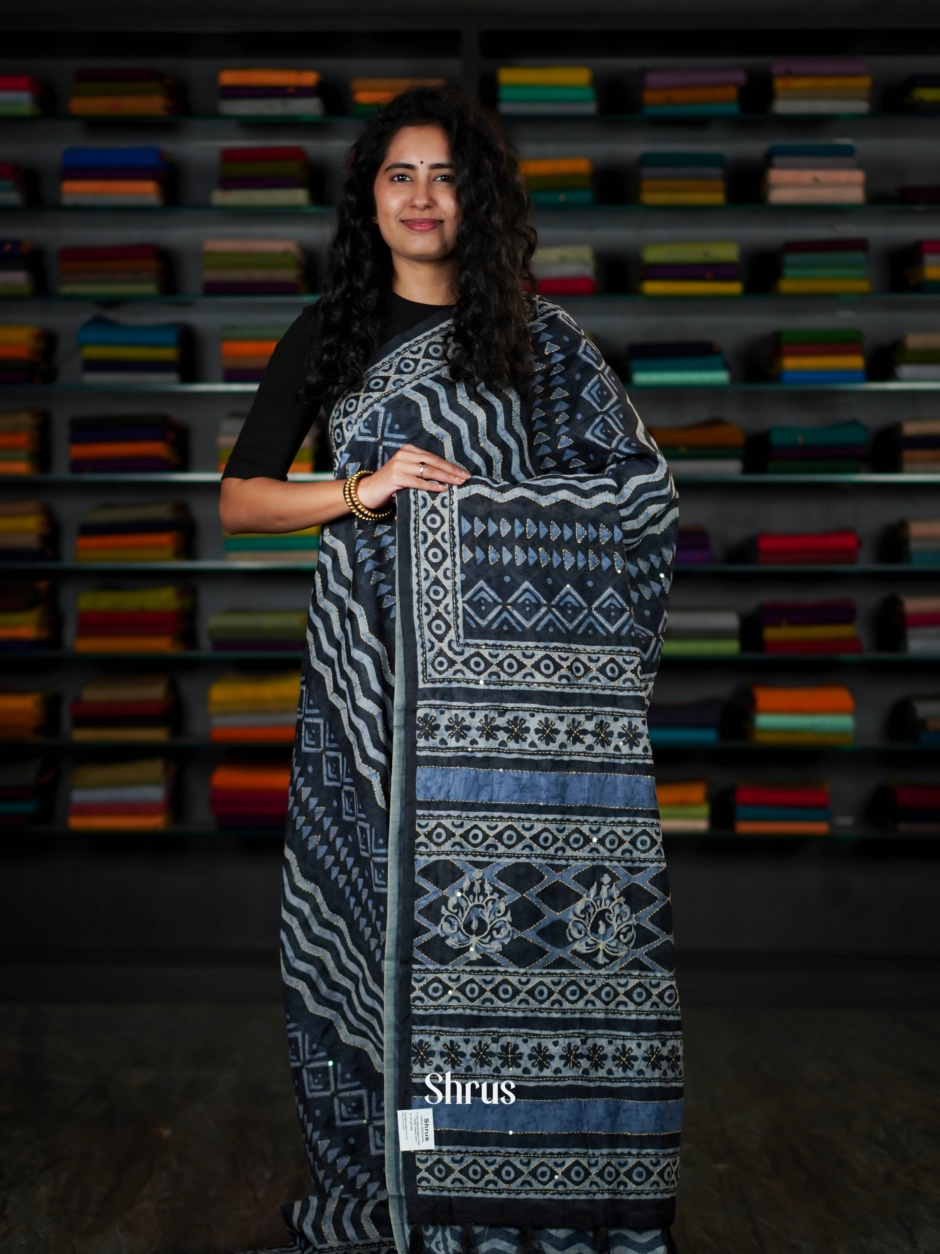 Prussian Blue  - Semi Kantha Saree