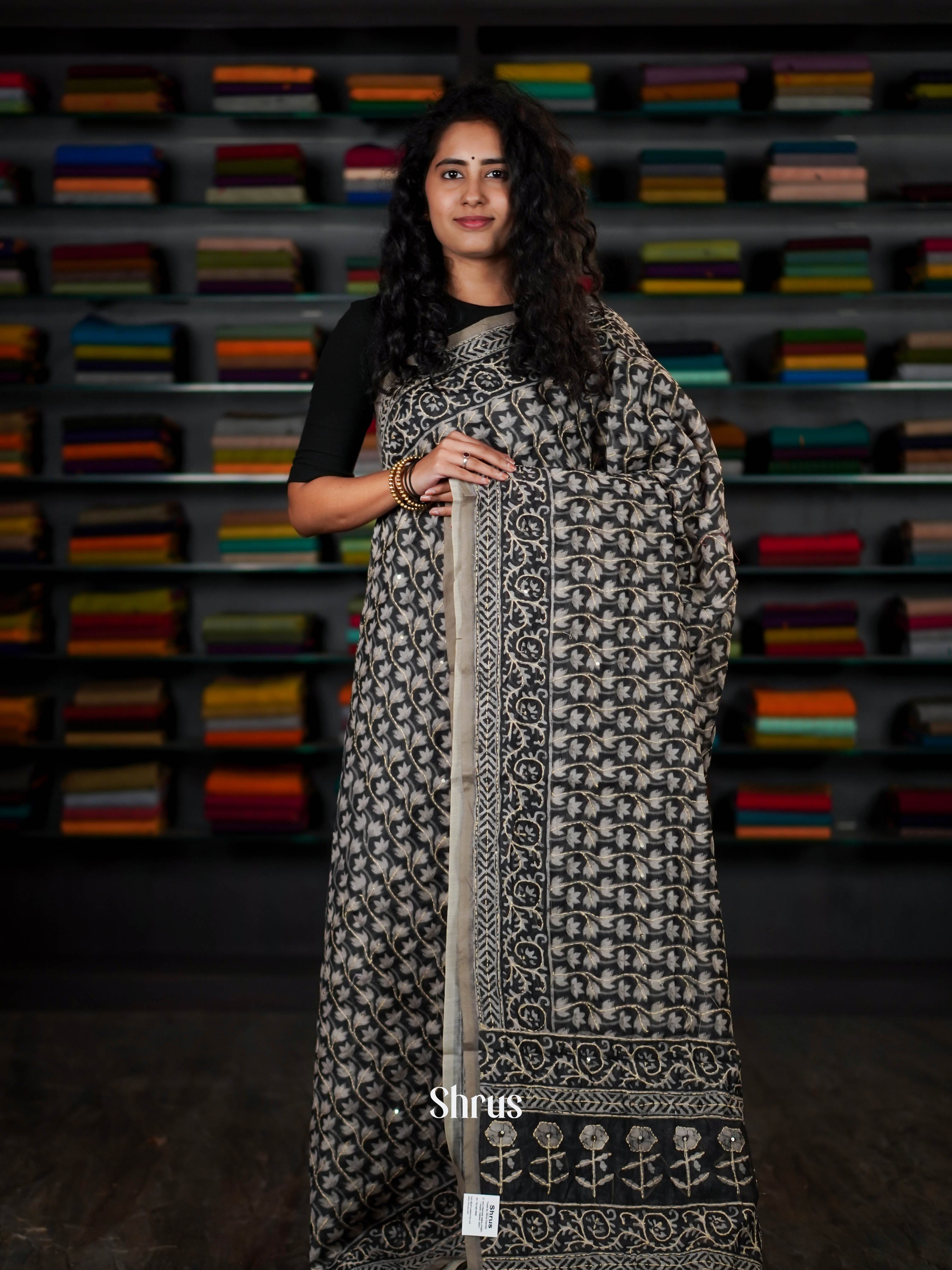 Dark Green  - Semi Kantha Saree