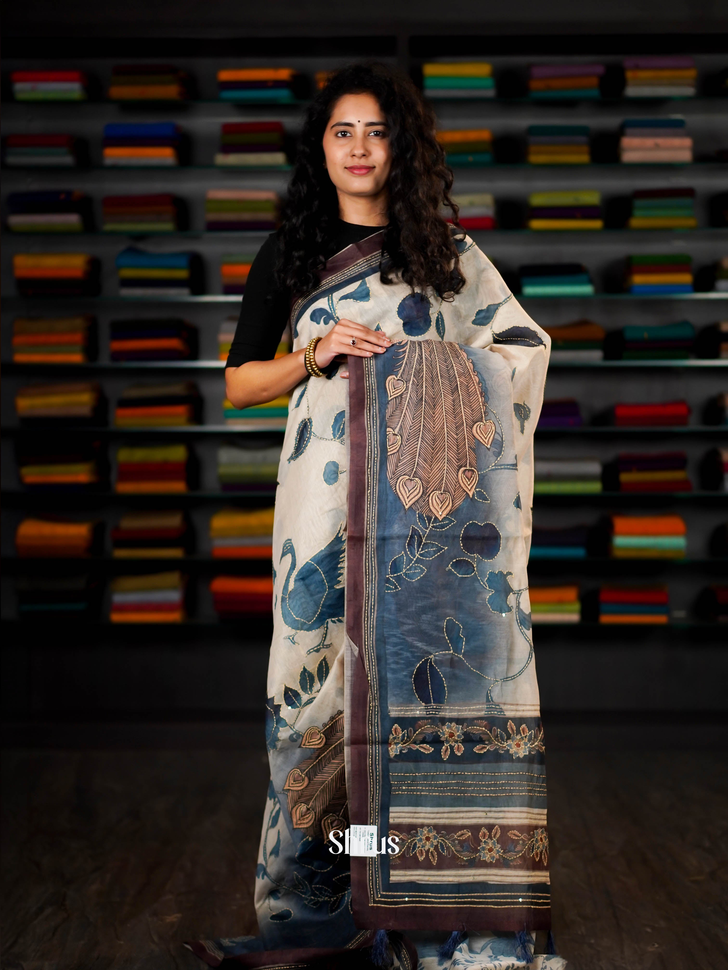 Cream & Blue  - Semi Kantha Saree