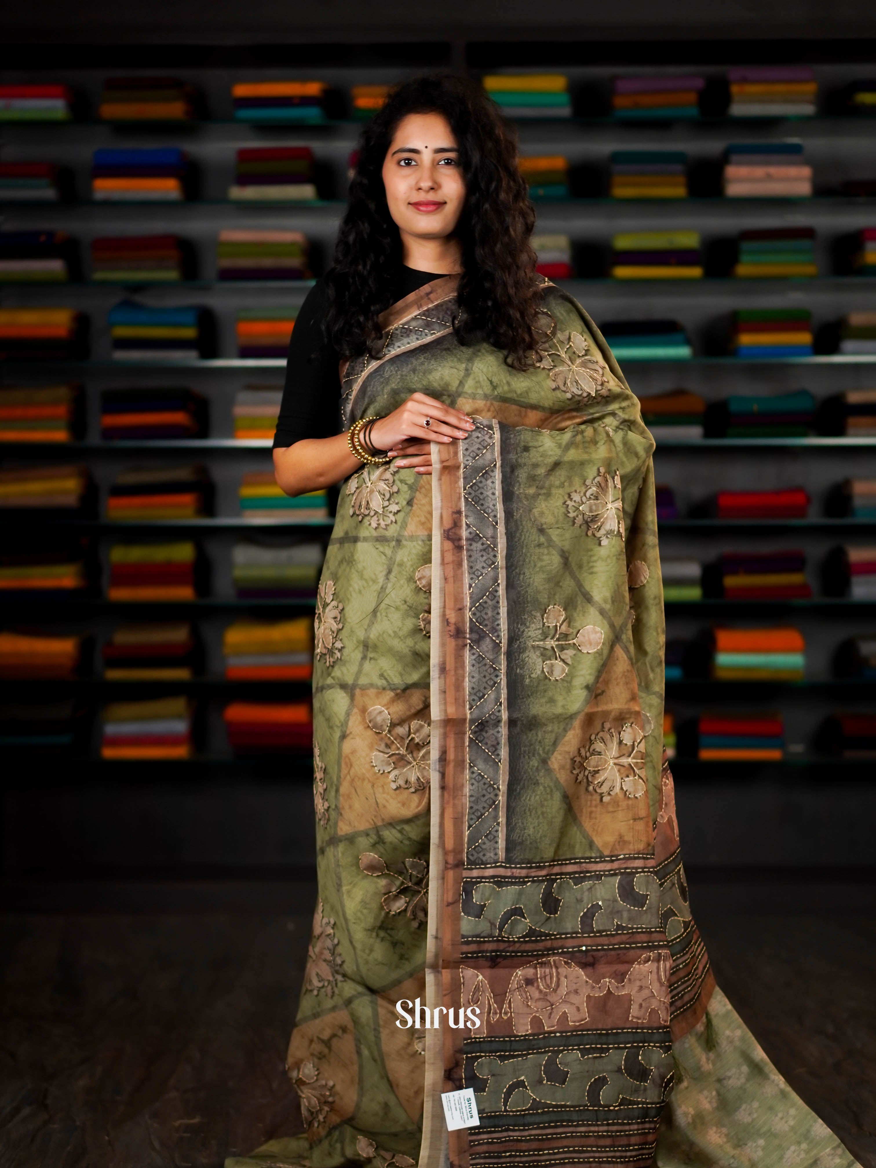 Green & Brown - Semi Kantha Saree