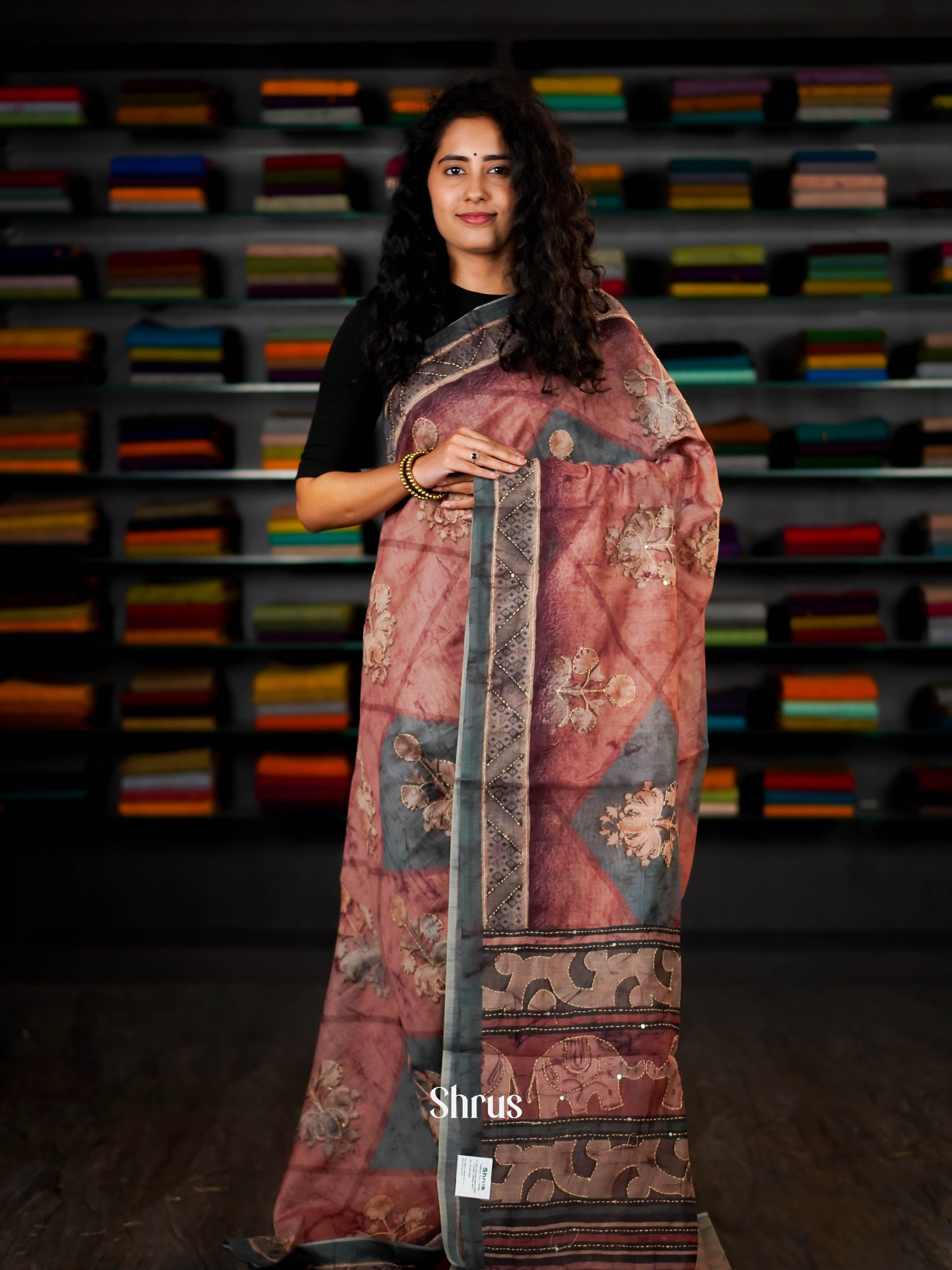 Dull Pink & Teal  - Semi Kantha Saree