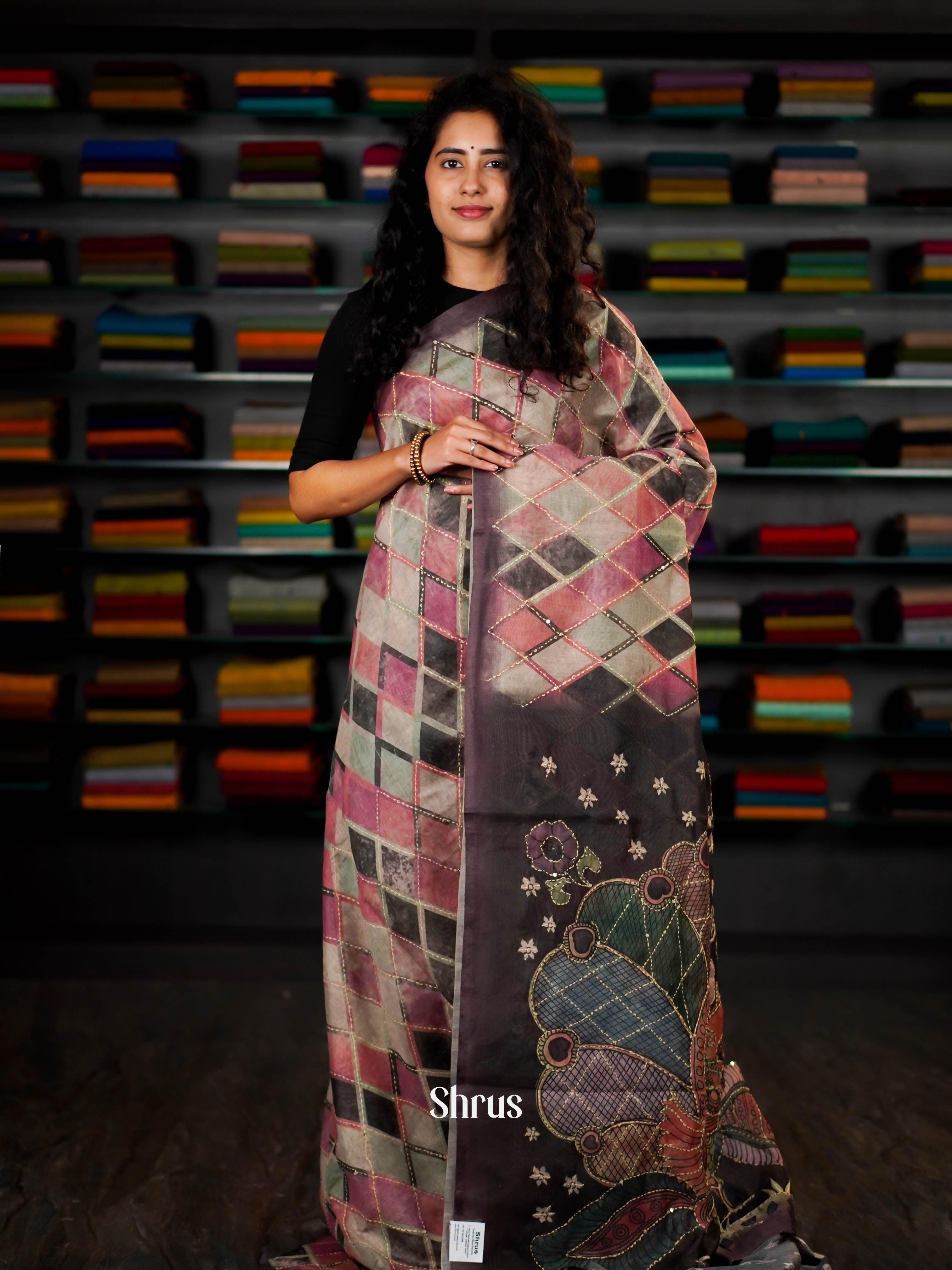 Peach & Pink & Green  - Semi Kantha Saree