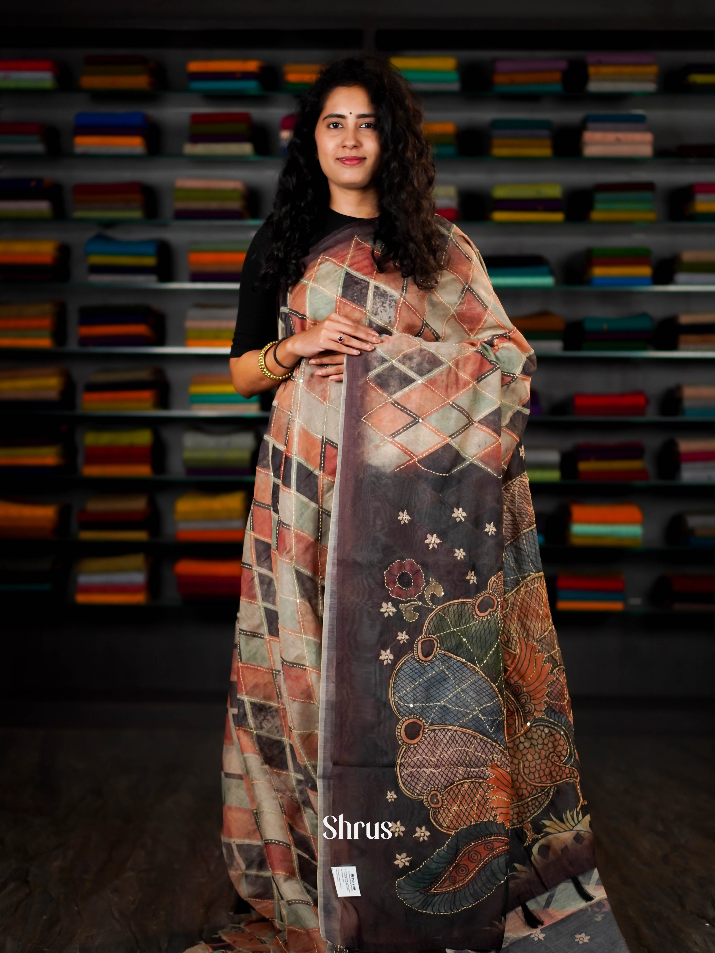 Cream & Grey  - Semi Kantha Saree