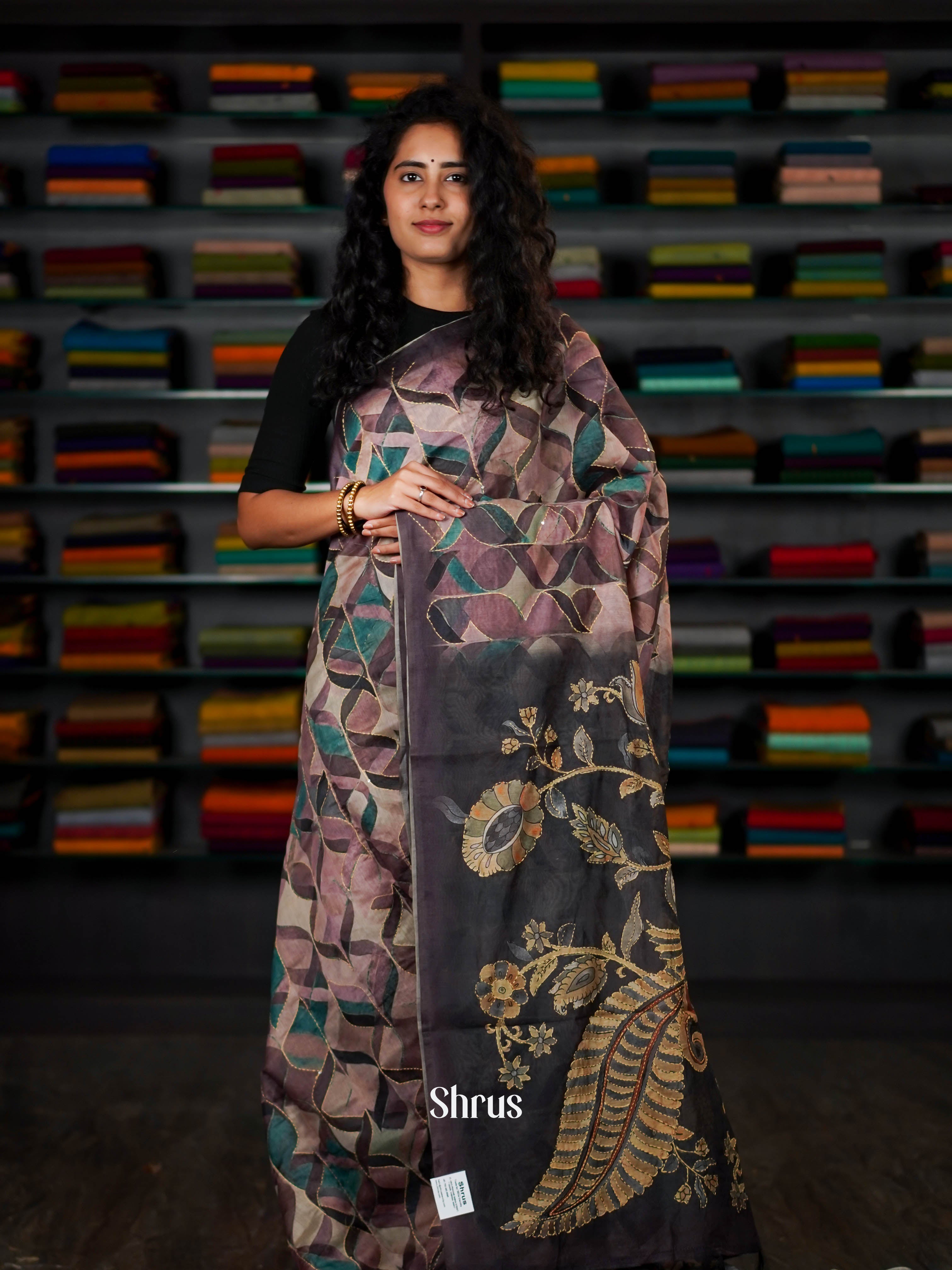 Peachy Pink & Black  - Semi Kantha Saree