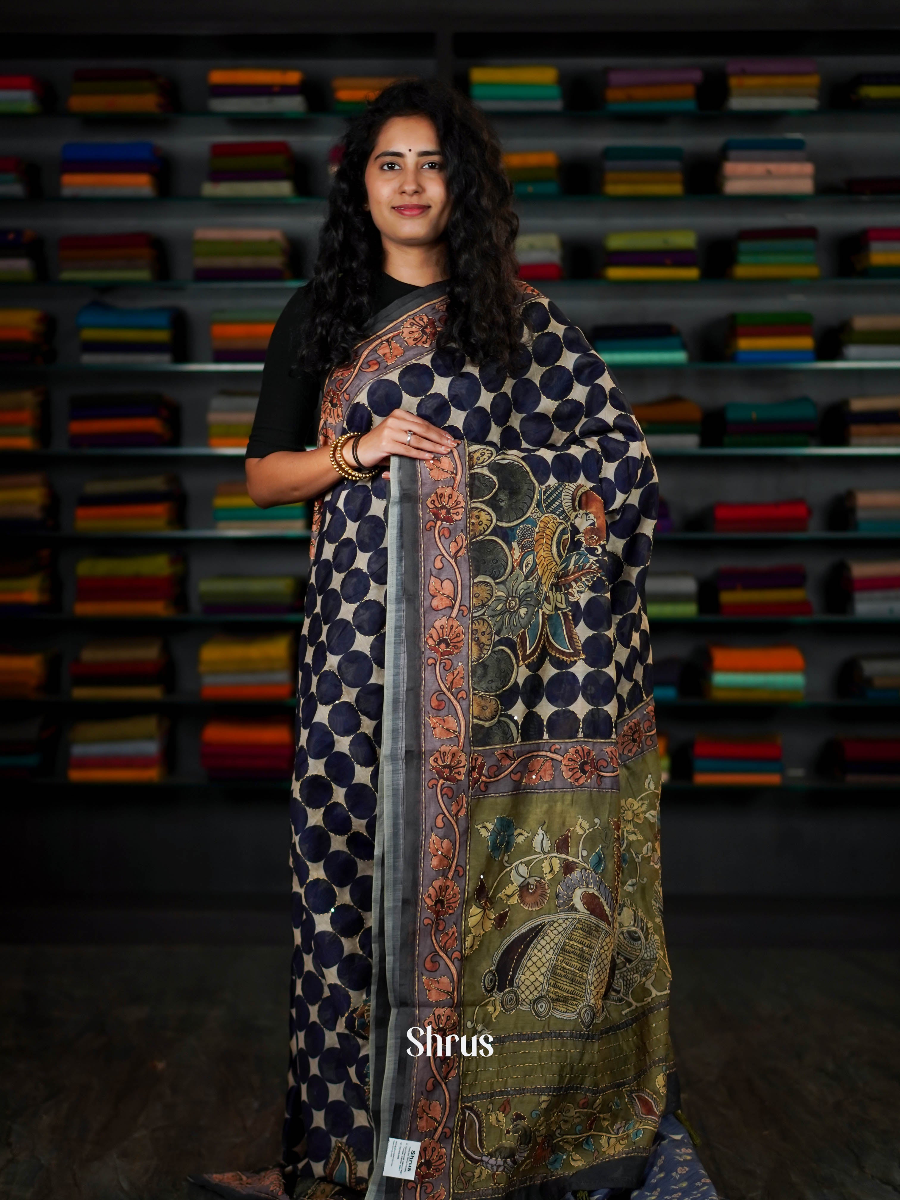 Cream & Dark Blue  - Semi Kantha Saree