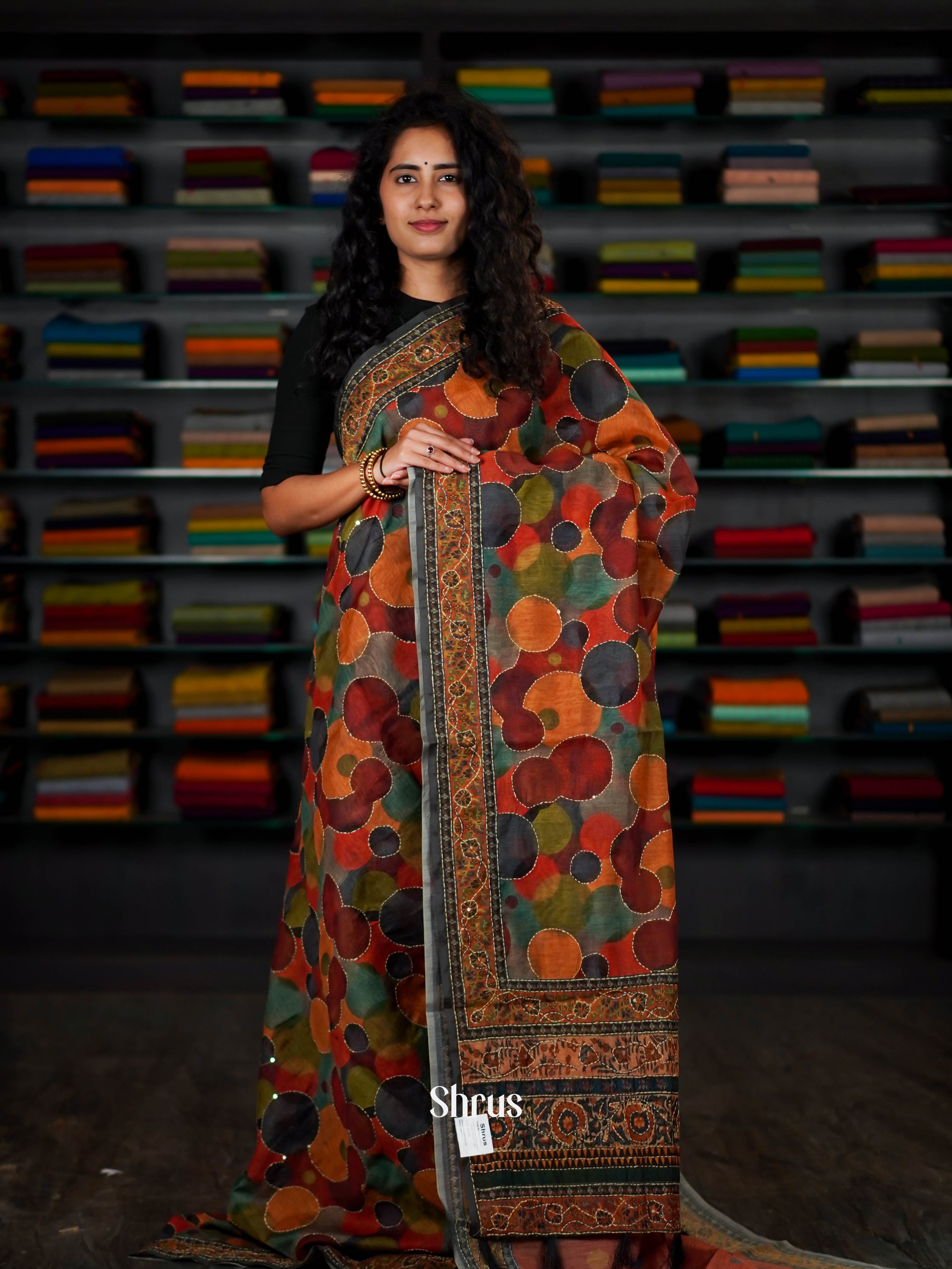 Orange & Grey  - Semi Kantha Saree