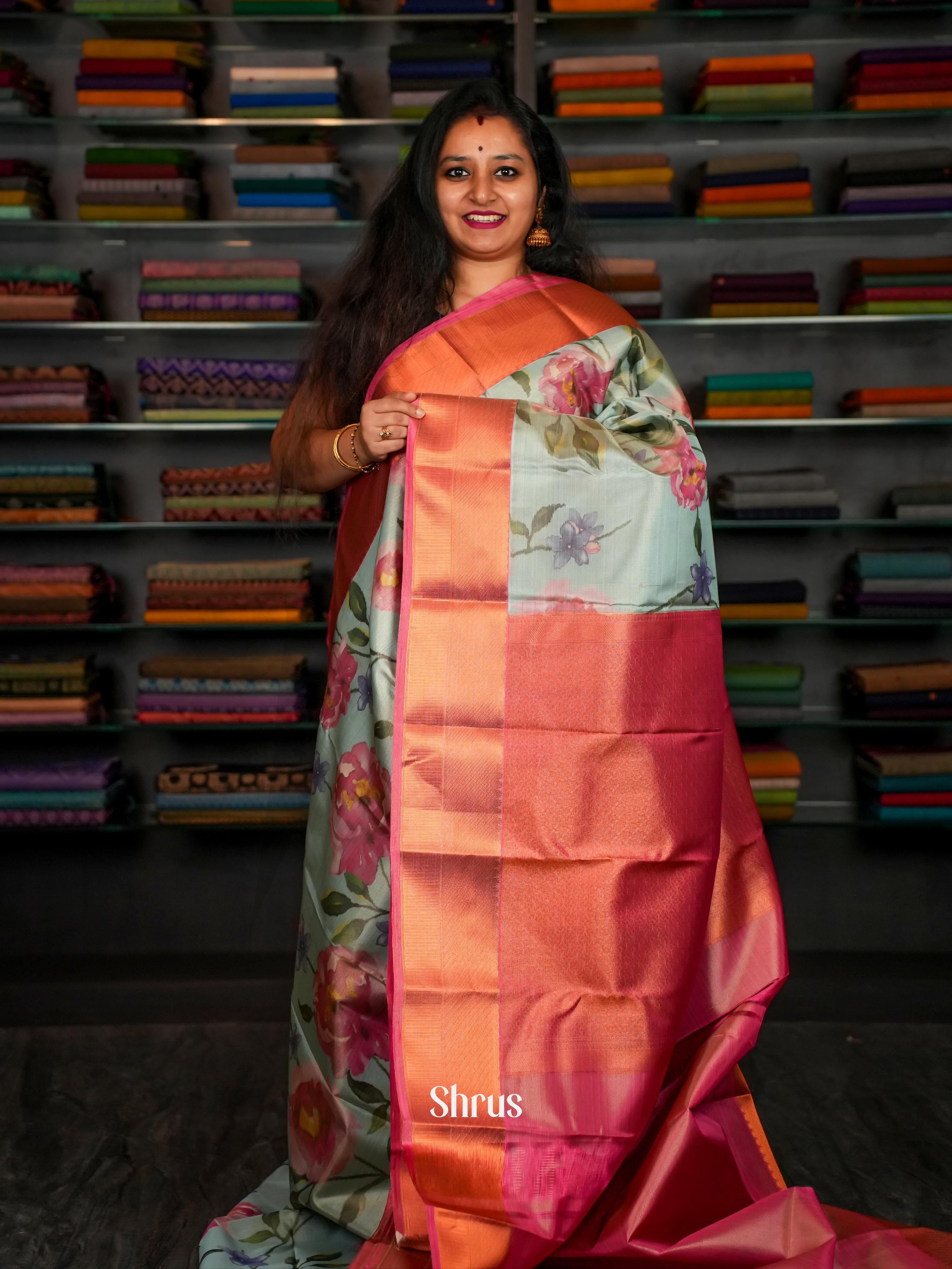 Grey & Pink - Kanchipuram-halfpure Saree