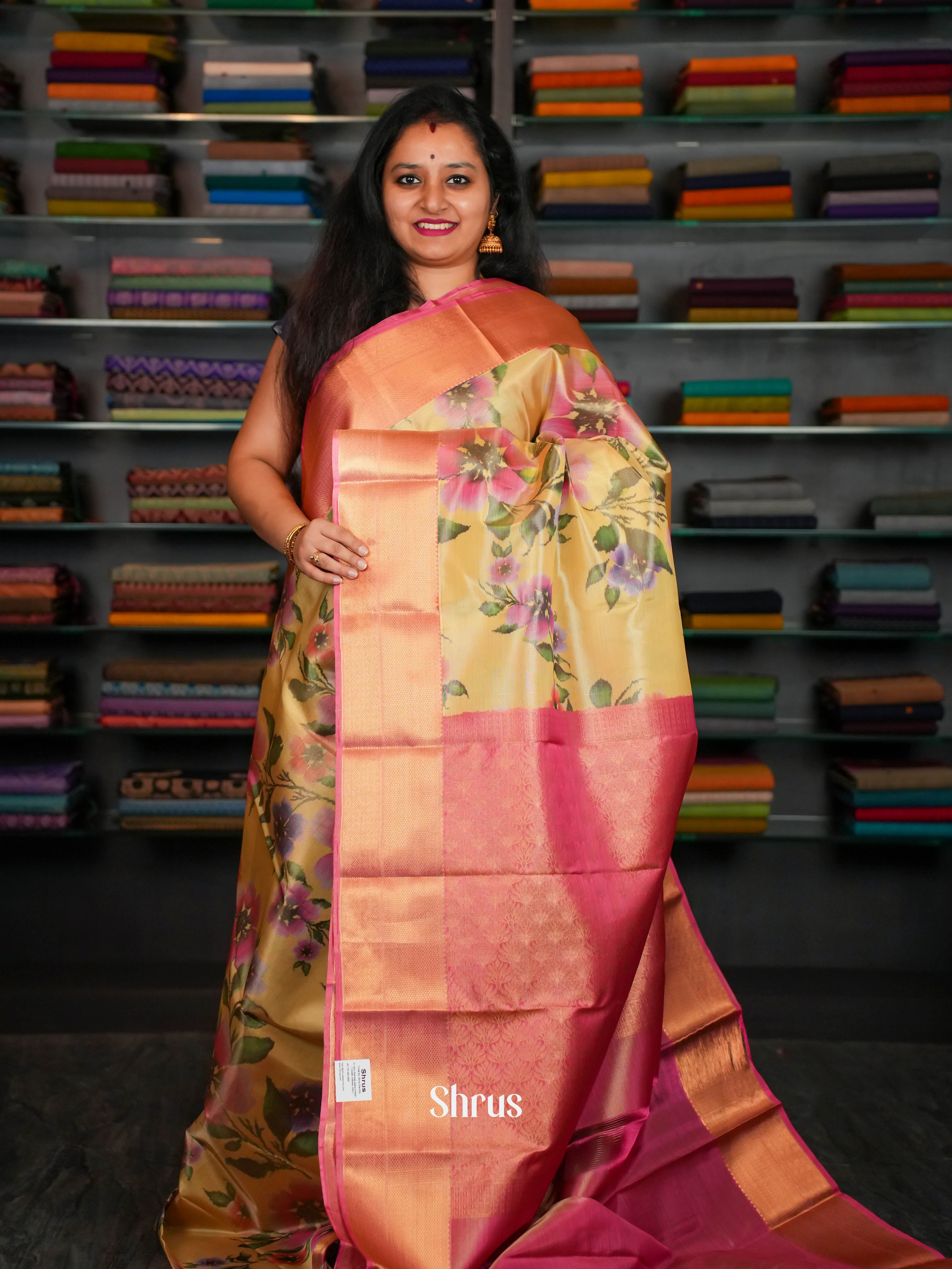 Yellow & Pink - Kanchipuram-halfpure Saree