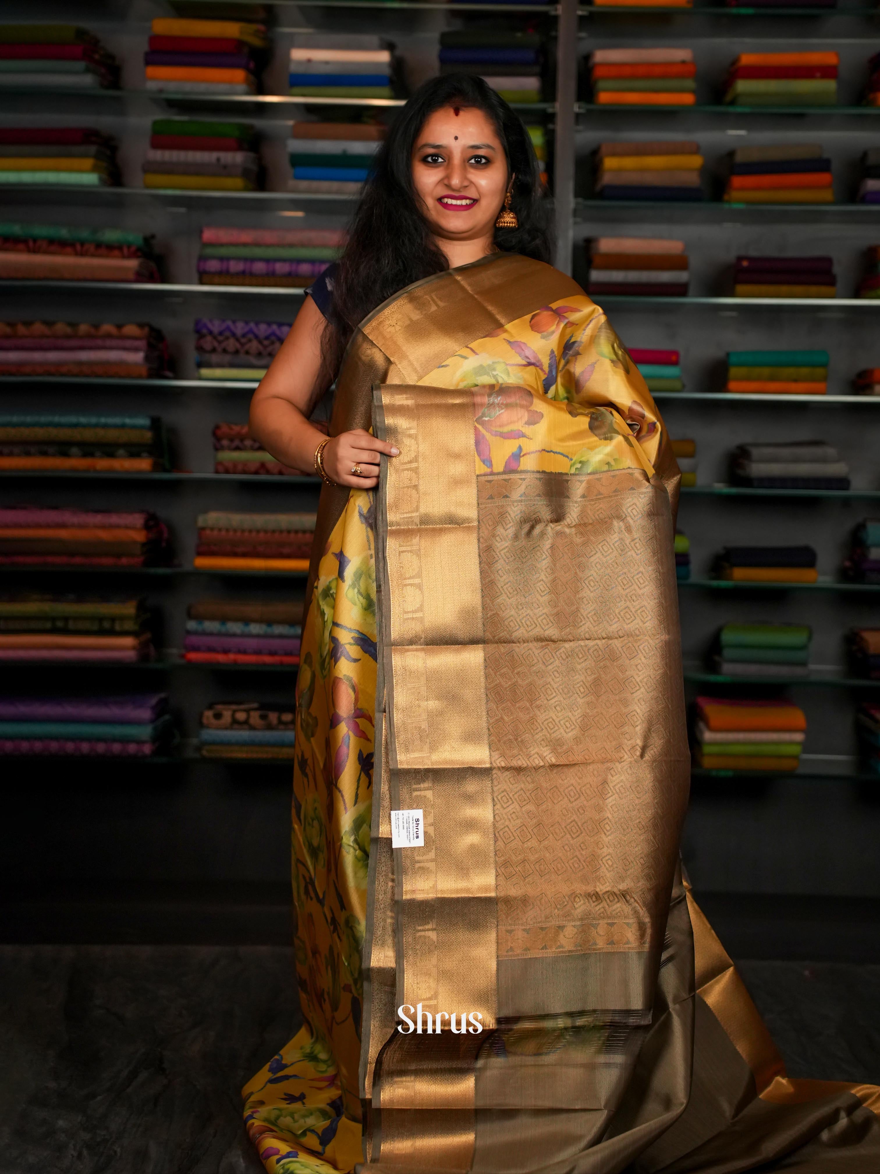 Yellow & Grey- Kanchipuram-halfpure Saree