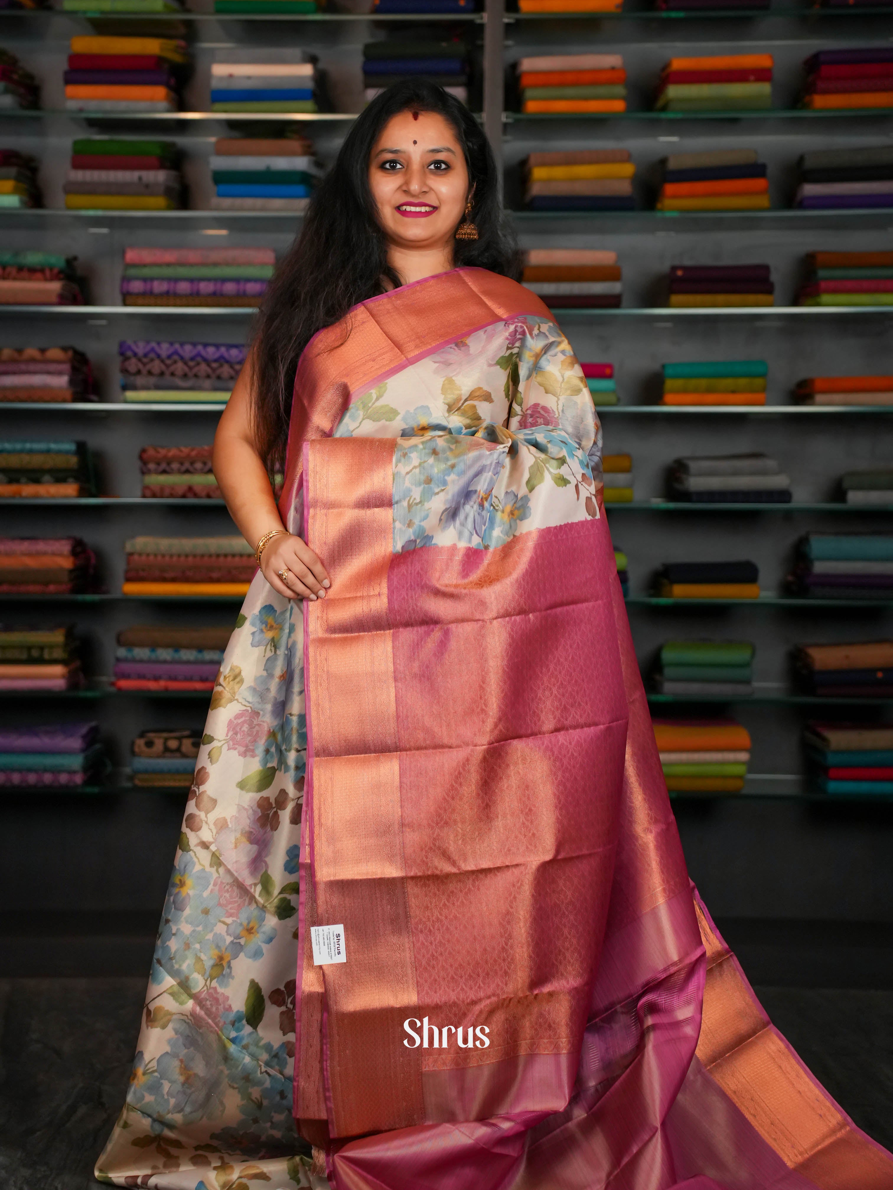 Cream & Pink - Kanchipuram-halfpure Saree