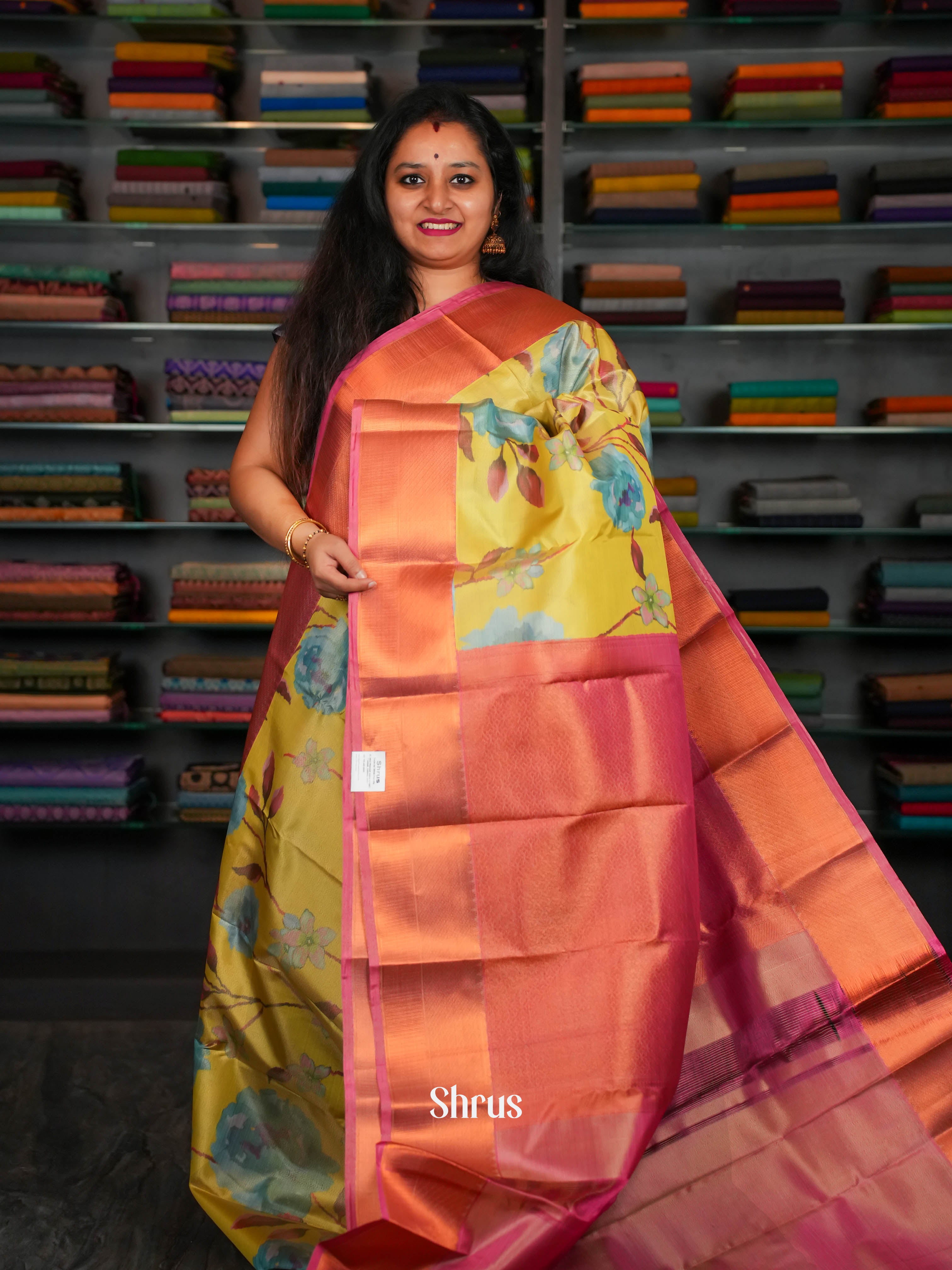 Yellow Pink  - Kanchipuram-halfpure Saree