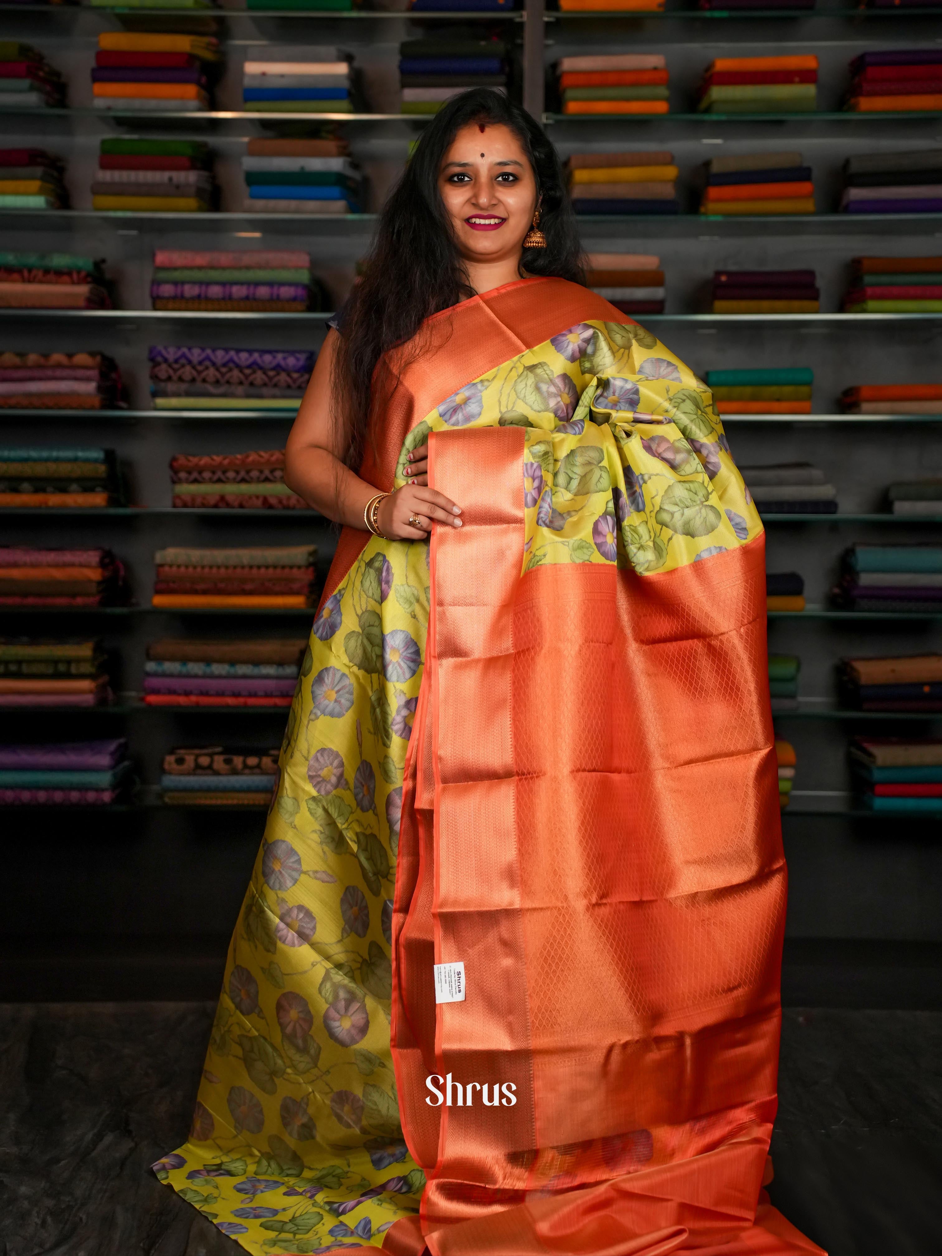 Mustardy Green & Brick - Kanchipuram-halfpure Saree